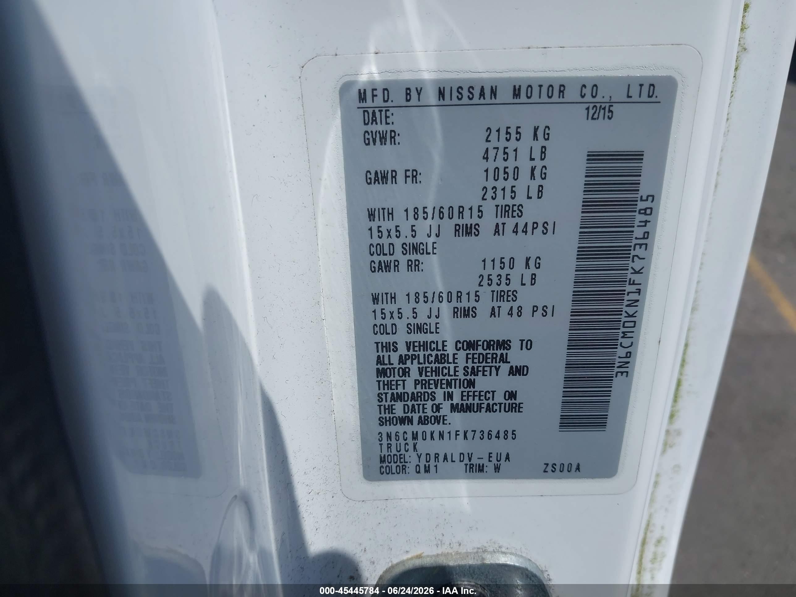 2015 Nissan Nv200 S White vin: 3N6CM0KN1FK736485