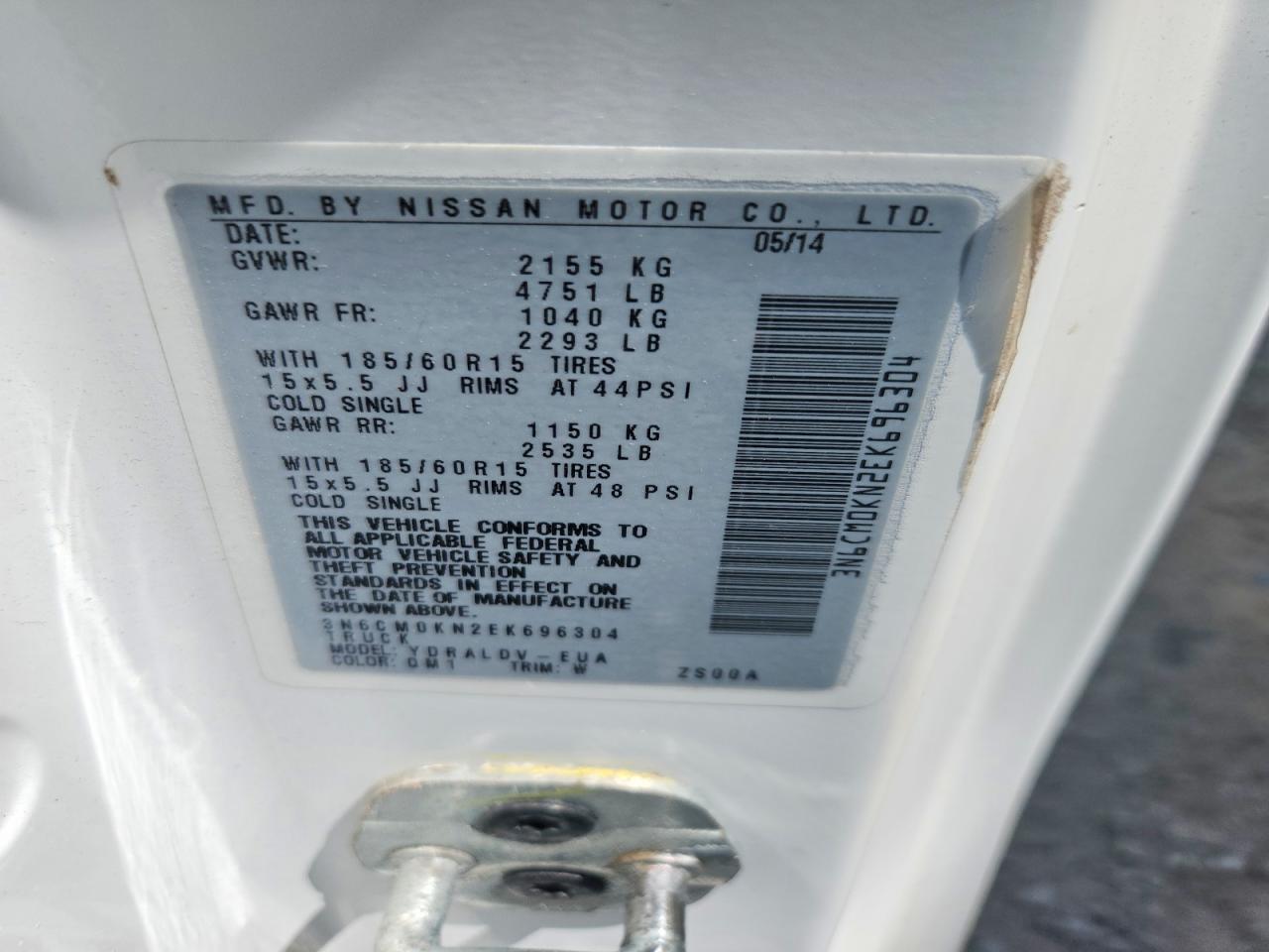 2014 Nissan Nv200 S White vin: 3N6CM0KN2EK696304