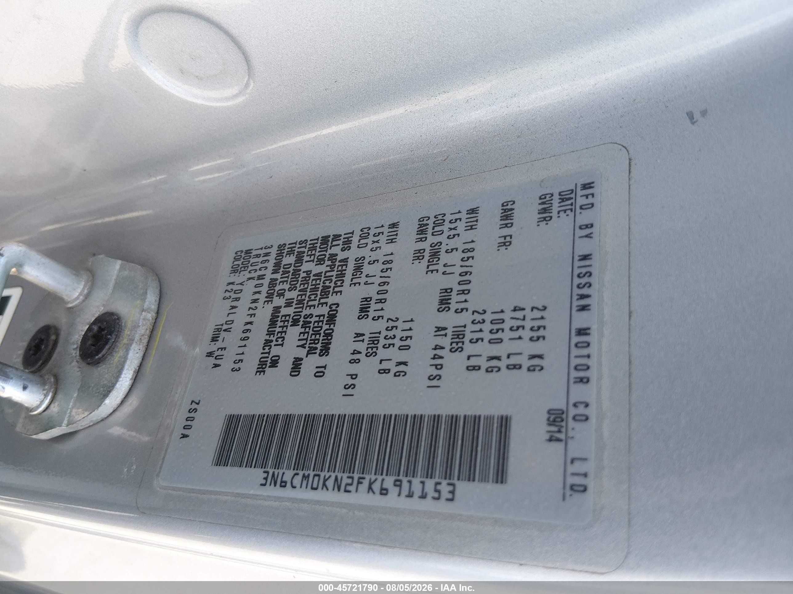 2015 Nissan Nv200 S Серебряный vin: 3N6CM0KN2FK691153