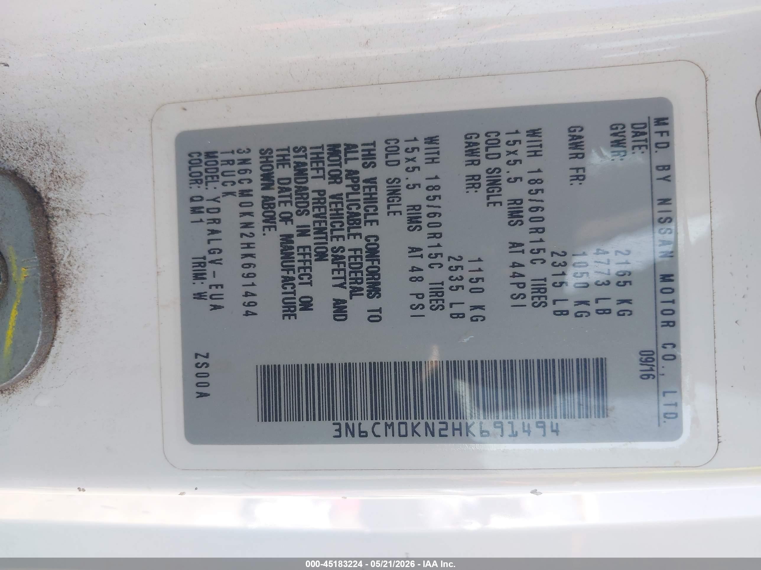 2017 Nissan Nv200 S/sv White vin: 3N6CM0KN2HK691494
