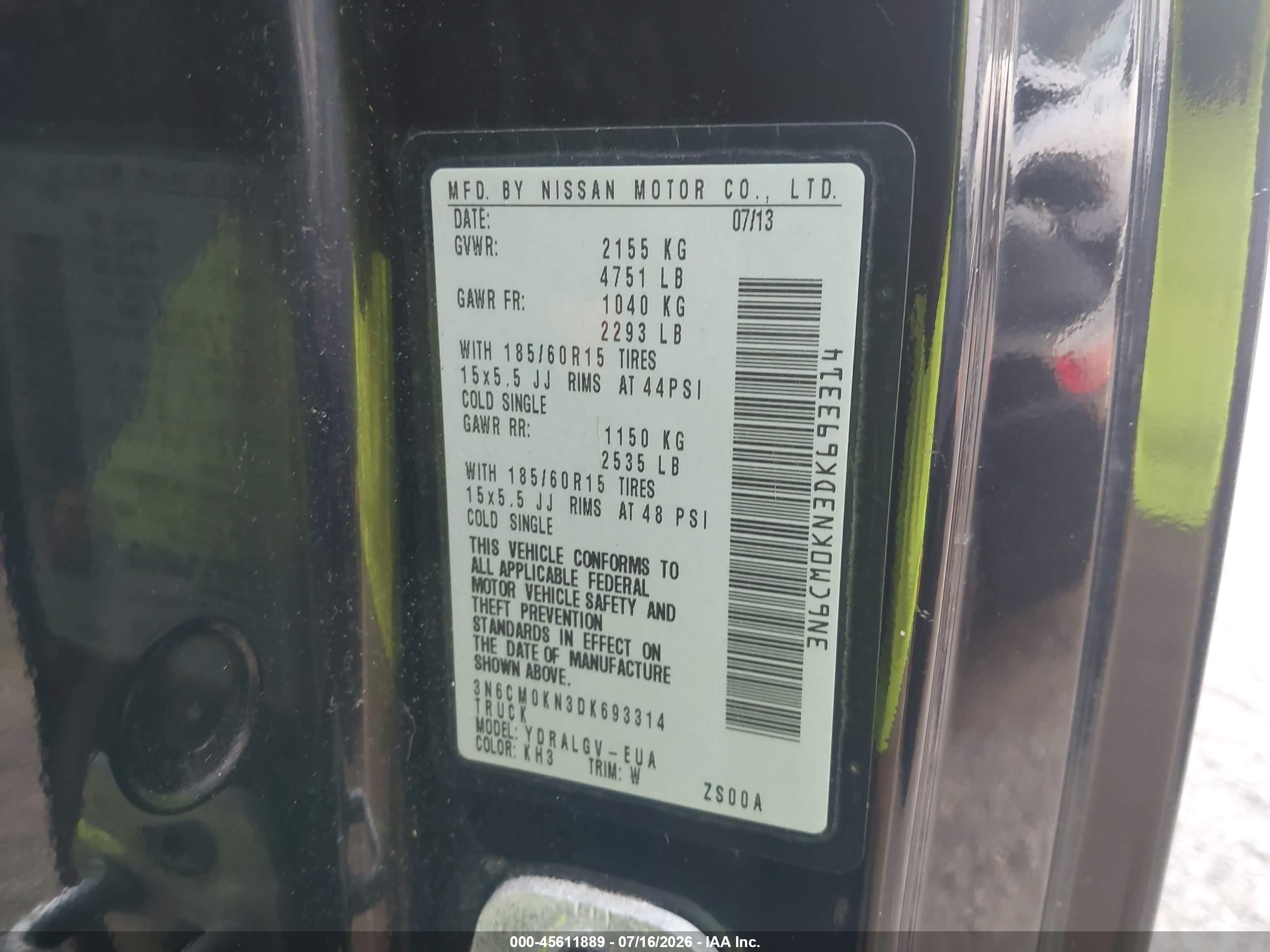 2013 Nissan Nv200 Sv Black vin: 3N6CM0KN3DK693314