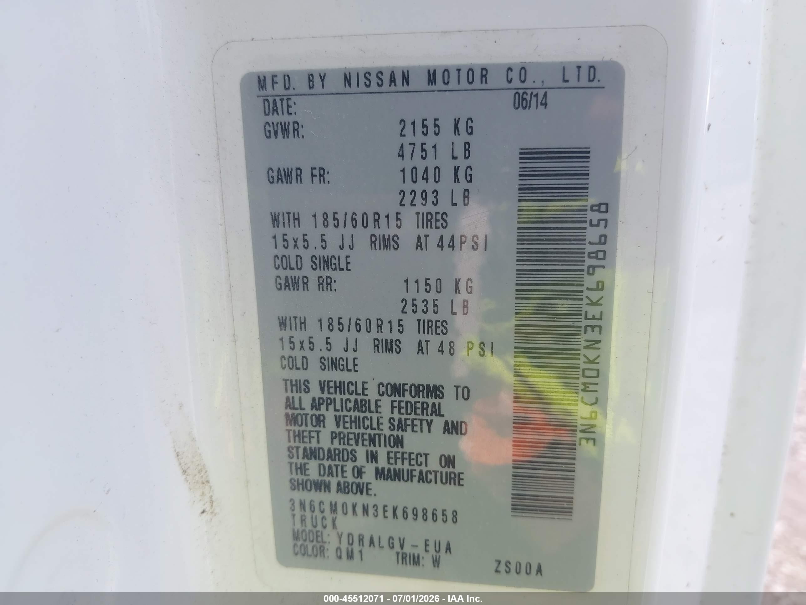 2014 Nissan Nv200 Sv White vin: 3N6CM0KN3EK698658