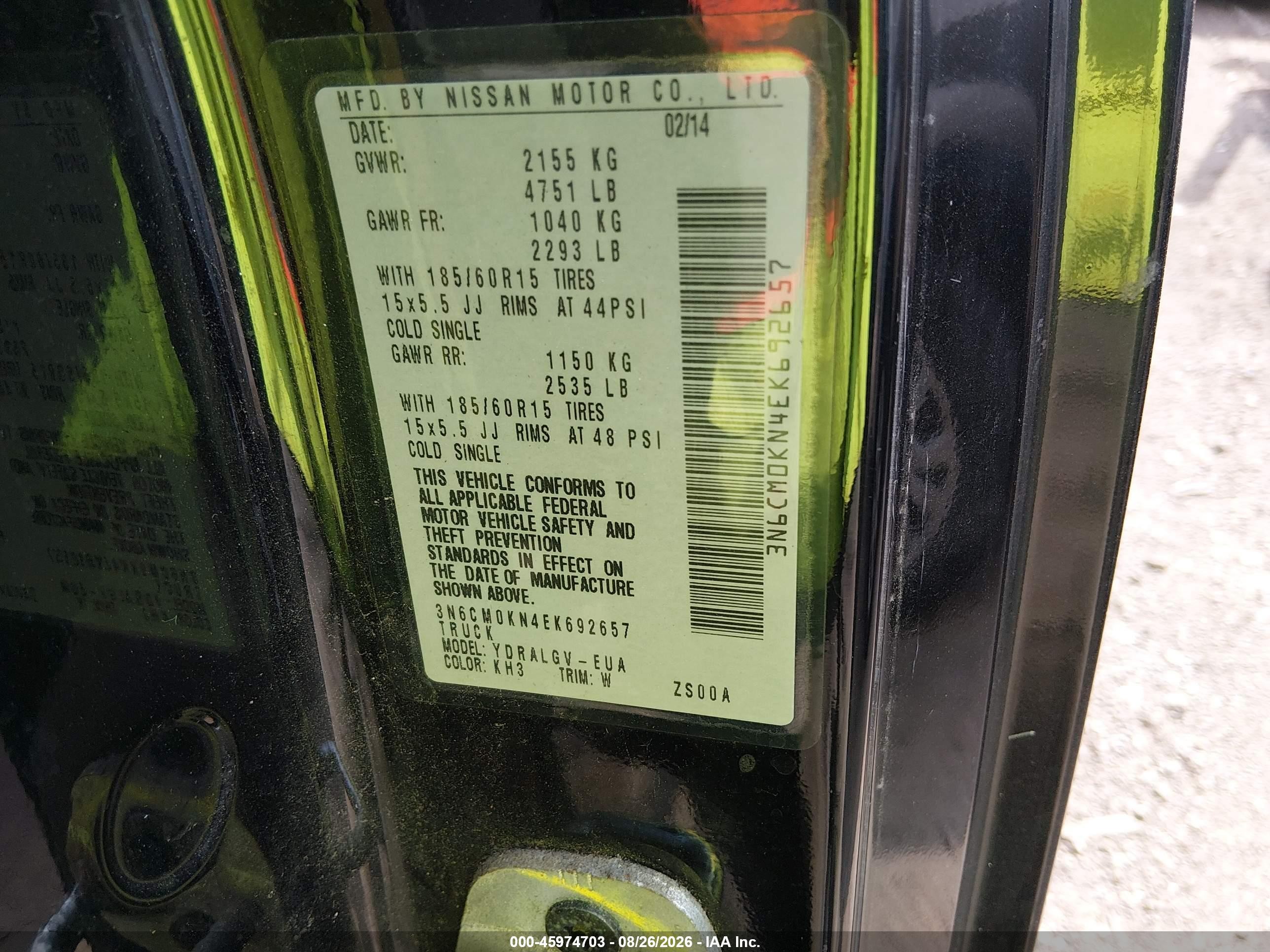 2014 Nissan Nv200 S/sv Black vin: 3N6CM0KN4EK692657