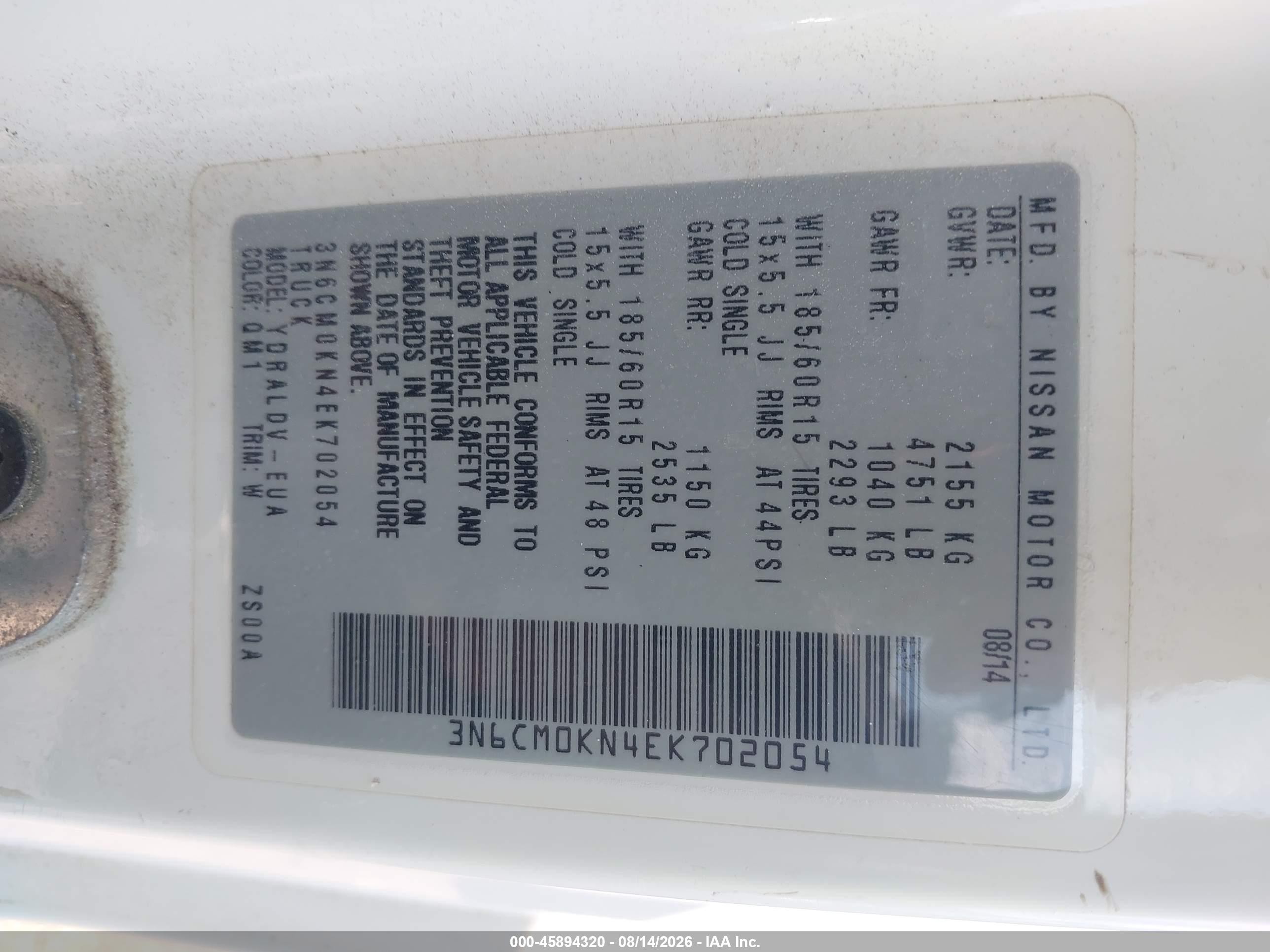 2014 Nissan Nv200 S White vin: 3N6CM0KN4EK702054