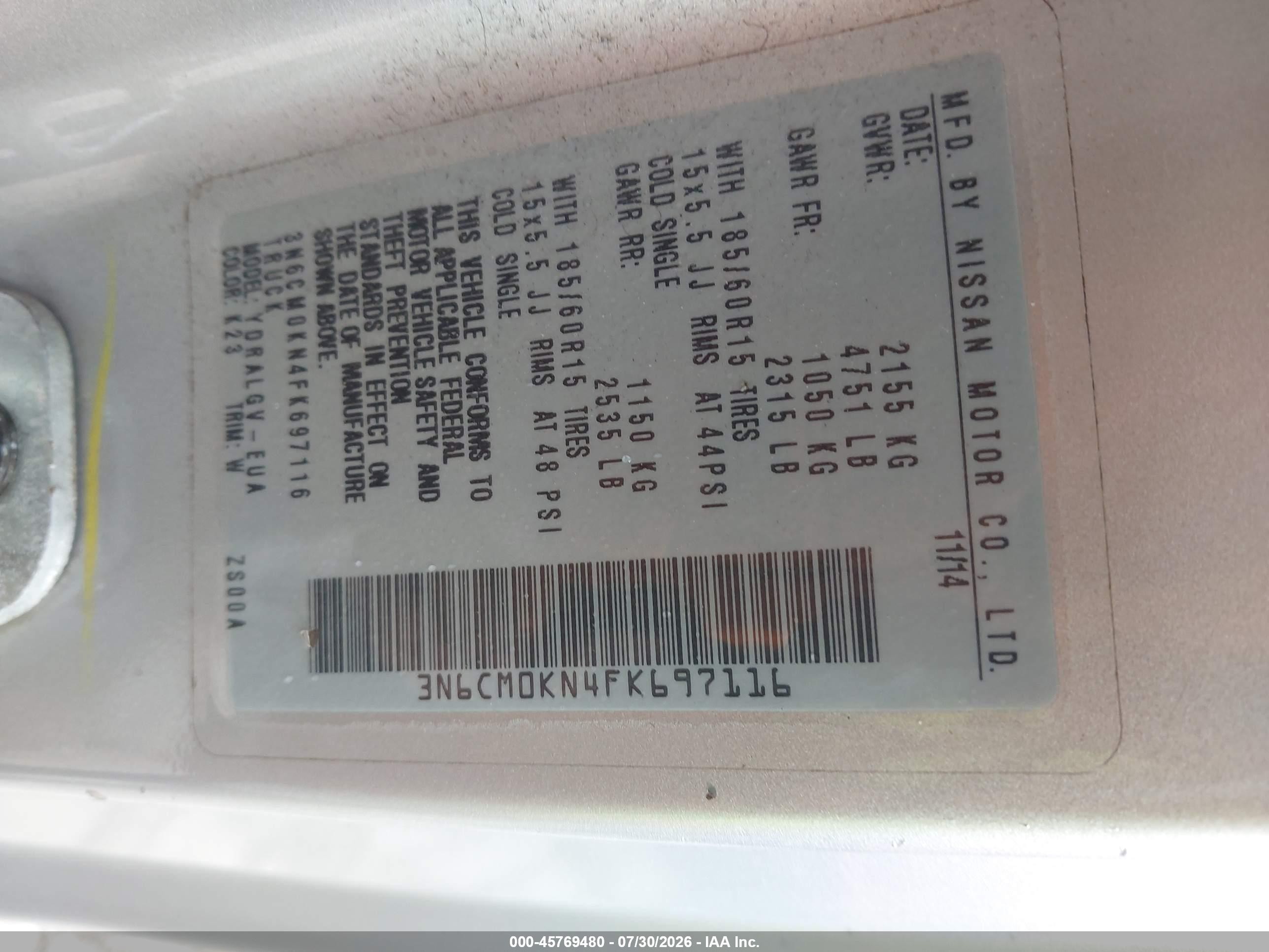 2015 Nissan Nv200 Sv Silver vin: 3N6CM0KN4FK697116