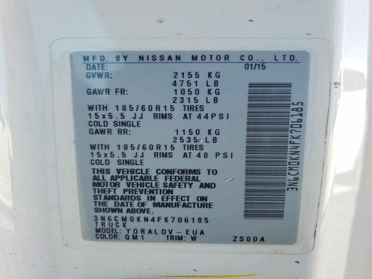 2015 Nissan Nv200 S White vin: 3N6CM0KN4FK706185