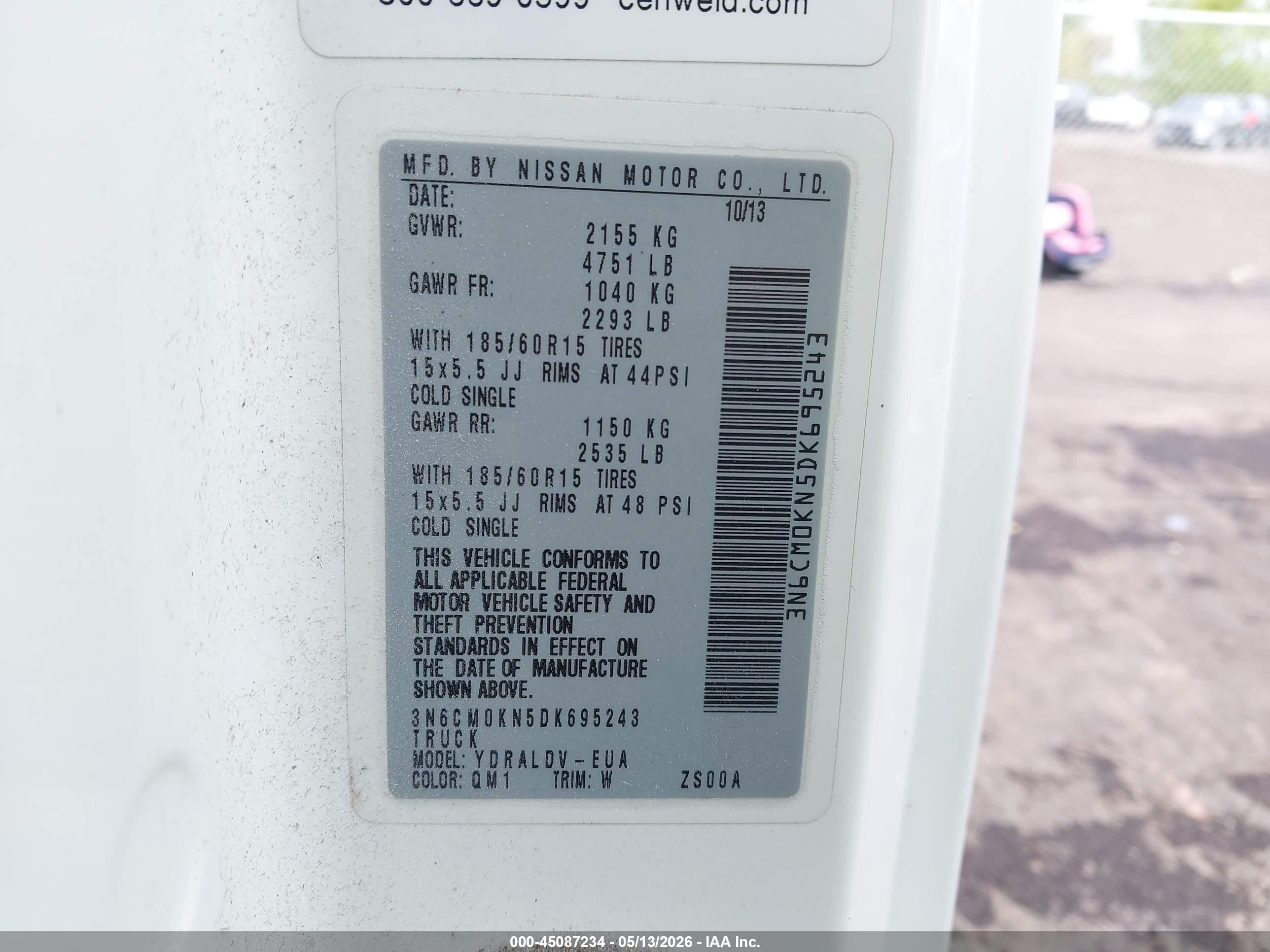 2013 Nissan Nv200 S White vin: 3N6CM0KN5DK695243