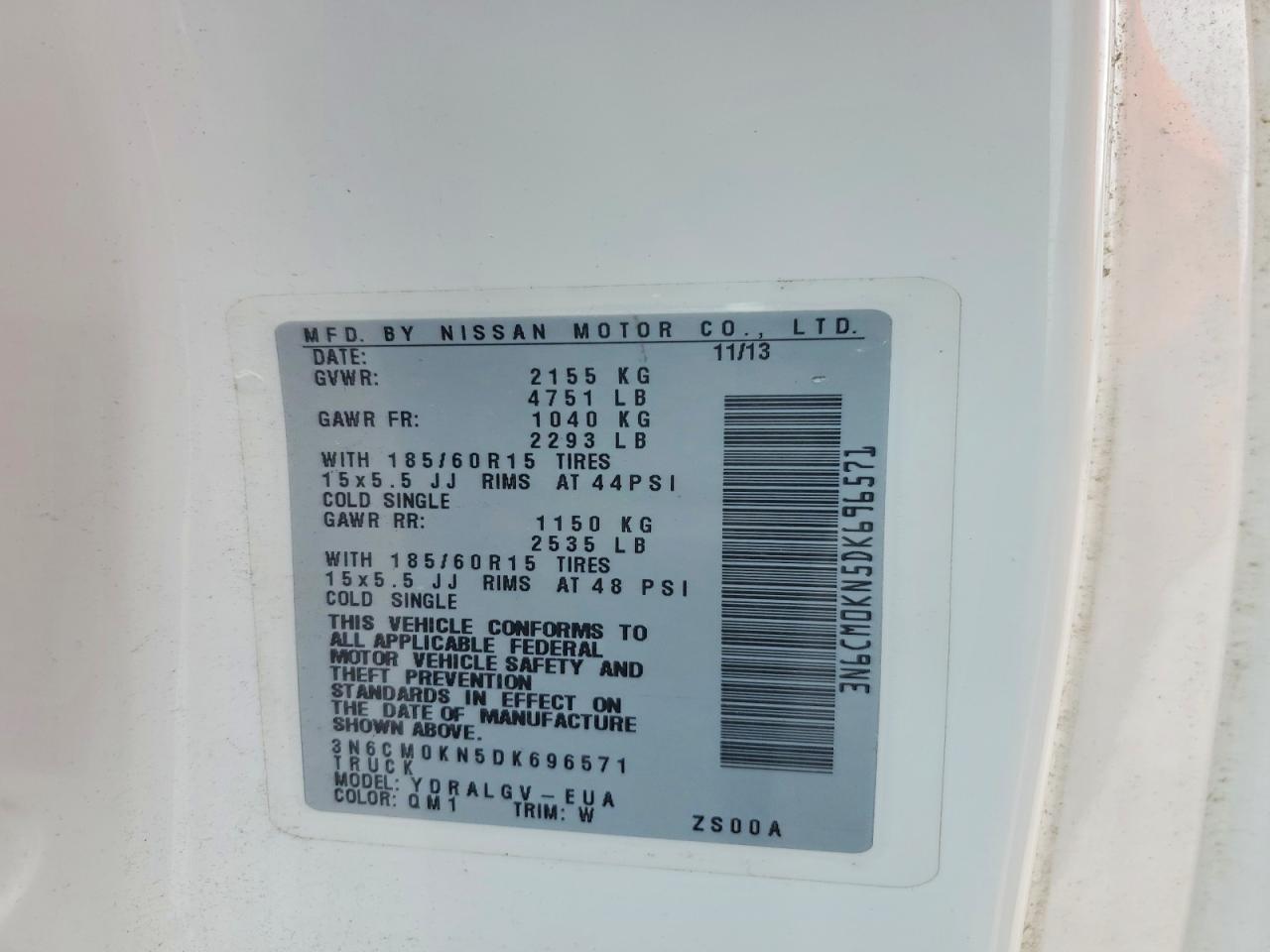 2013 Nissan Nv200 2.5s/2.5sv White vin: 3N6CM0KN5DK696571
