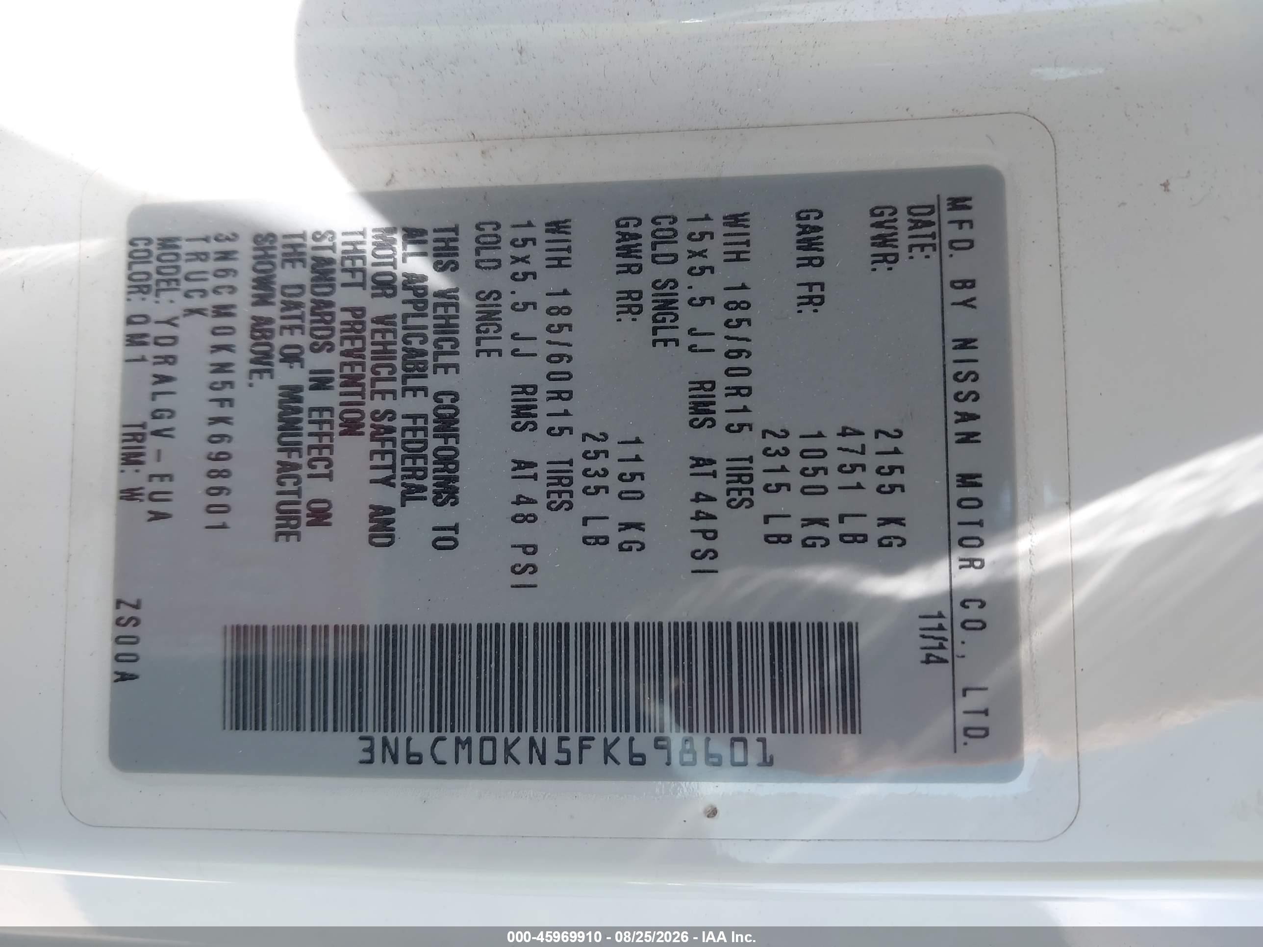2015 Nissan Nv200 Sv White vin: 3N6CM0KN5FK698601