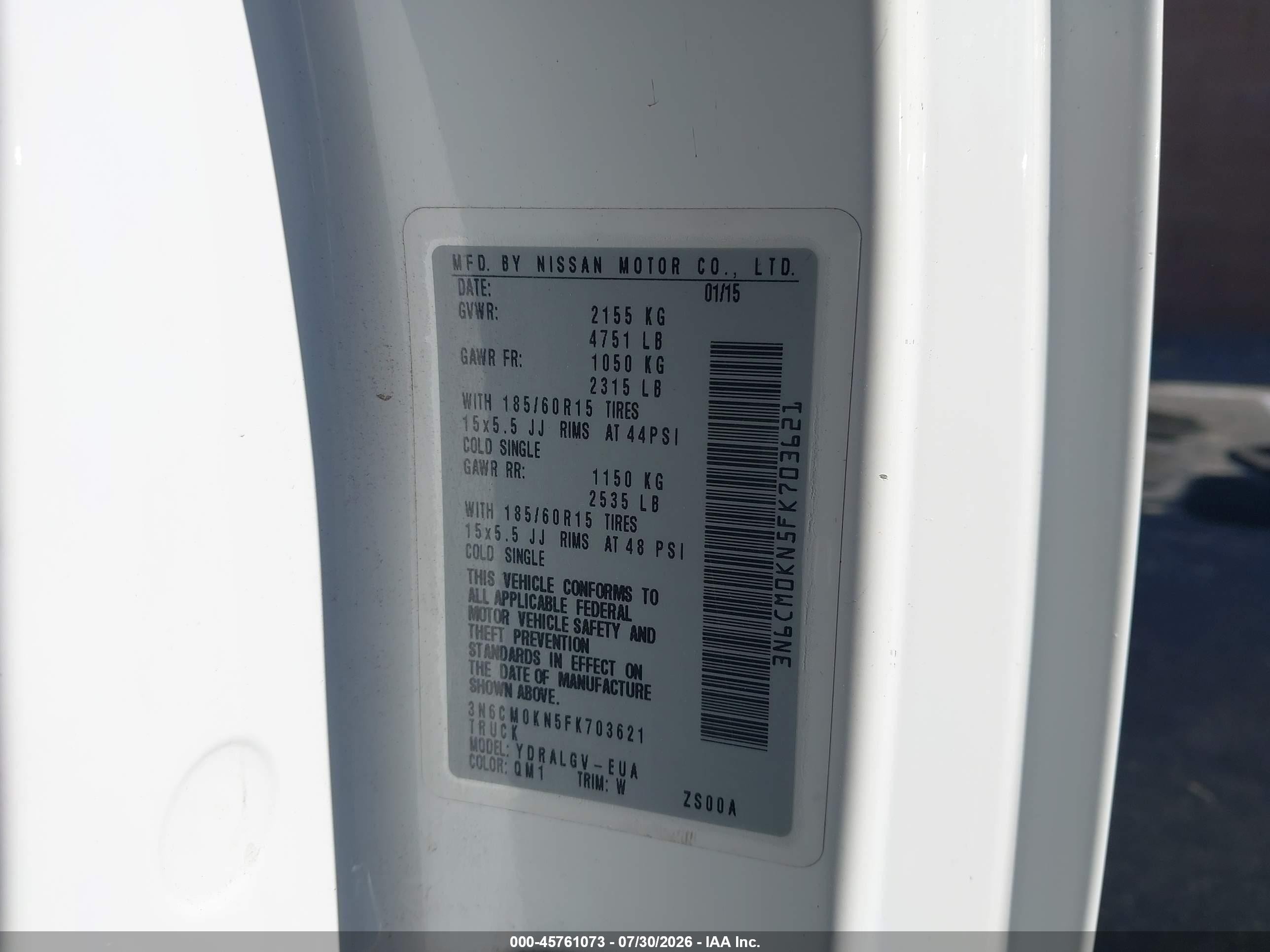 2015 Nissan Nv200 Sv White vin: 3N6CM0KN5FK703621