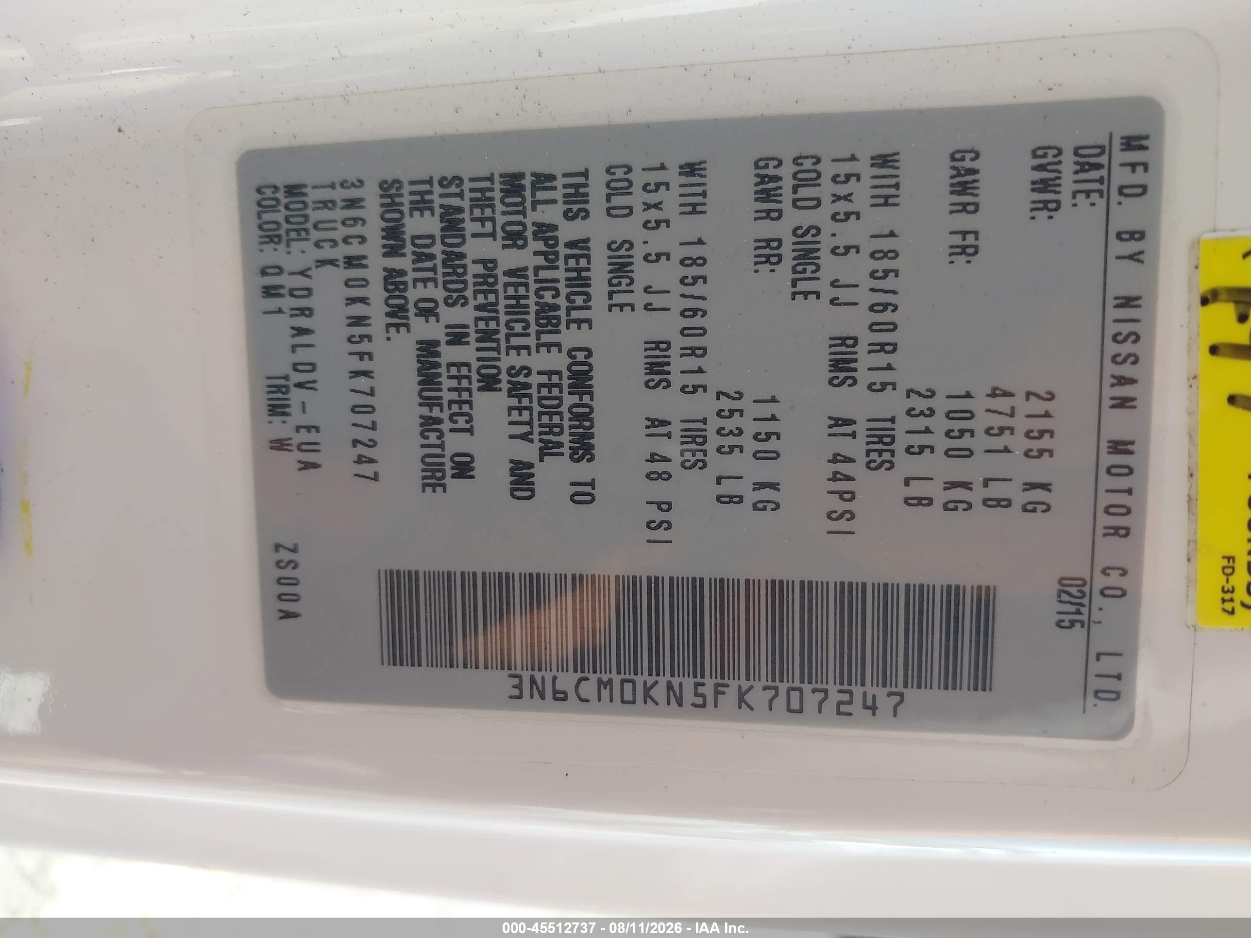 2015 Nissan Nv200 S/sv White vin: 3N6CM0KN5FK707247