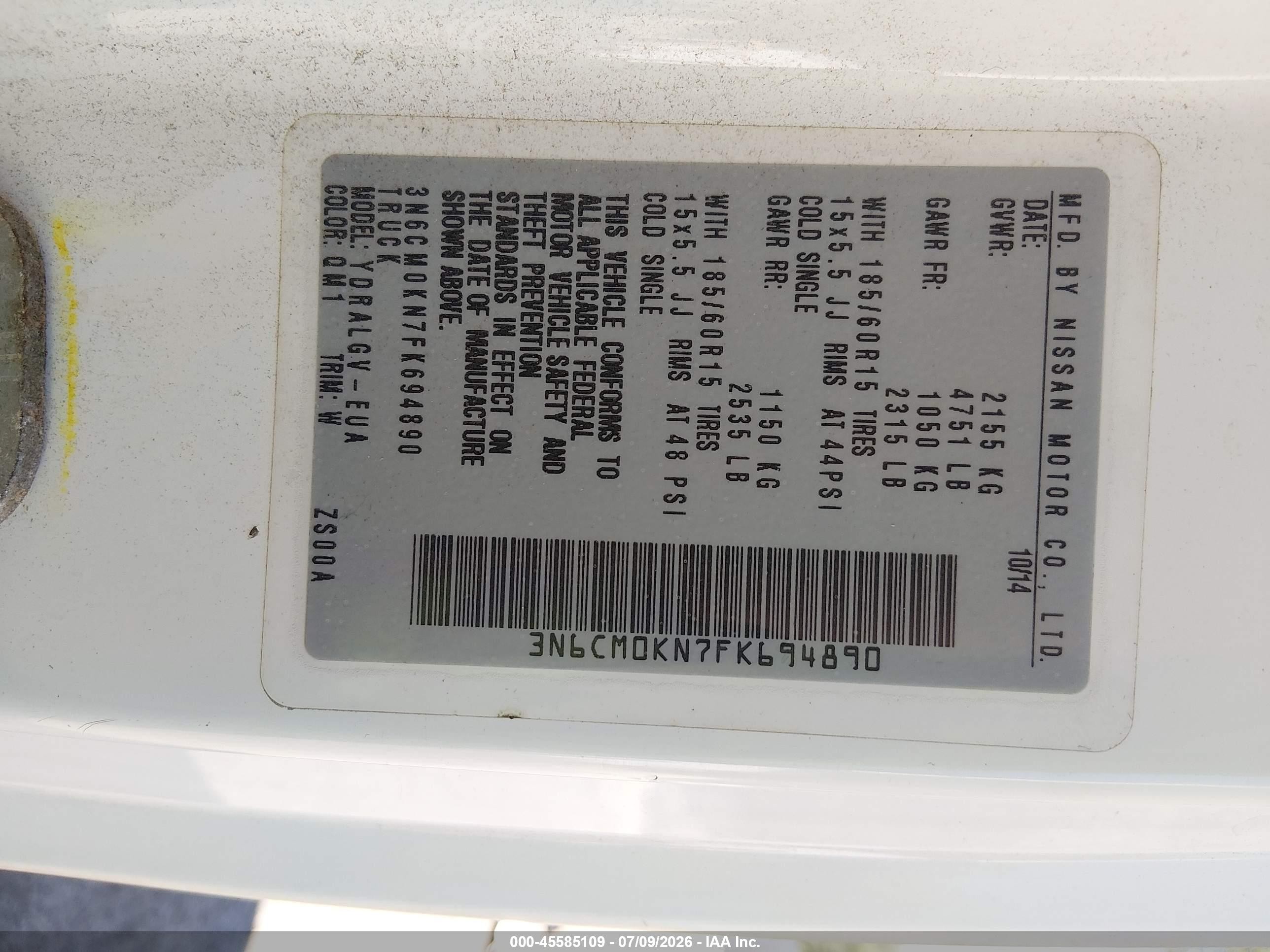 2015 Nissan Nv200 Sv White vin: 3N6CM0KN7FK694890