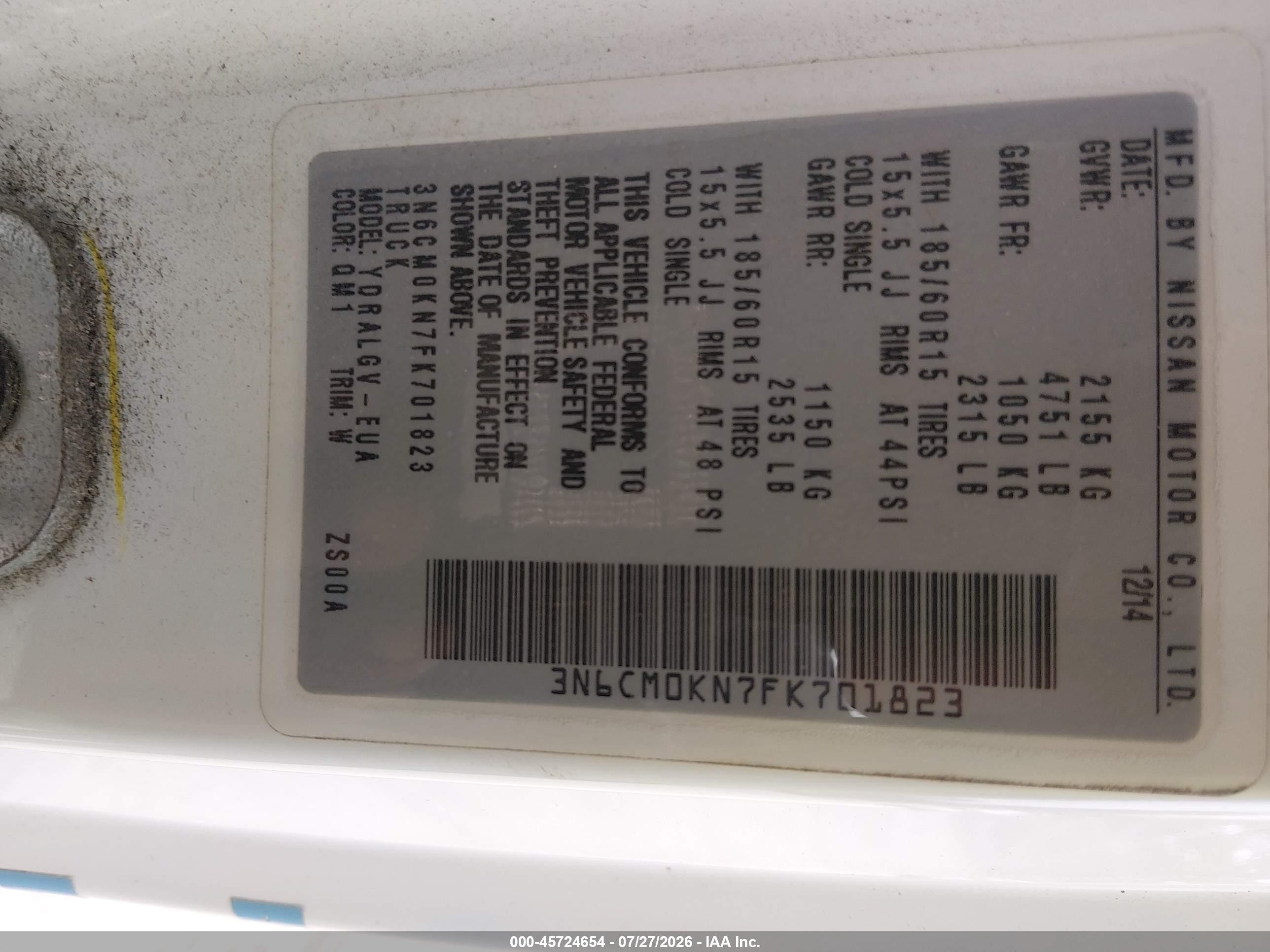 2015 Nissan Nv200 Sv White vin: 3N6CM0KN7FK701823