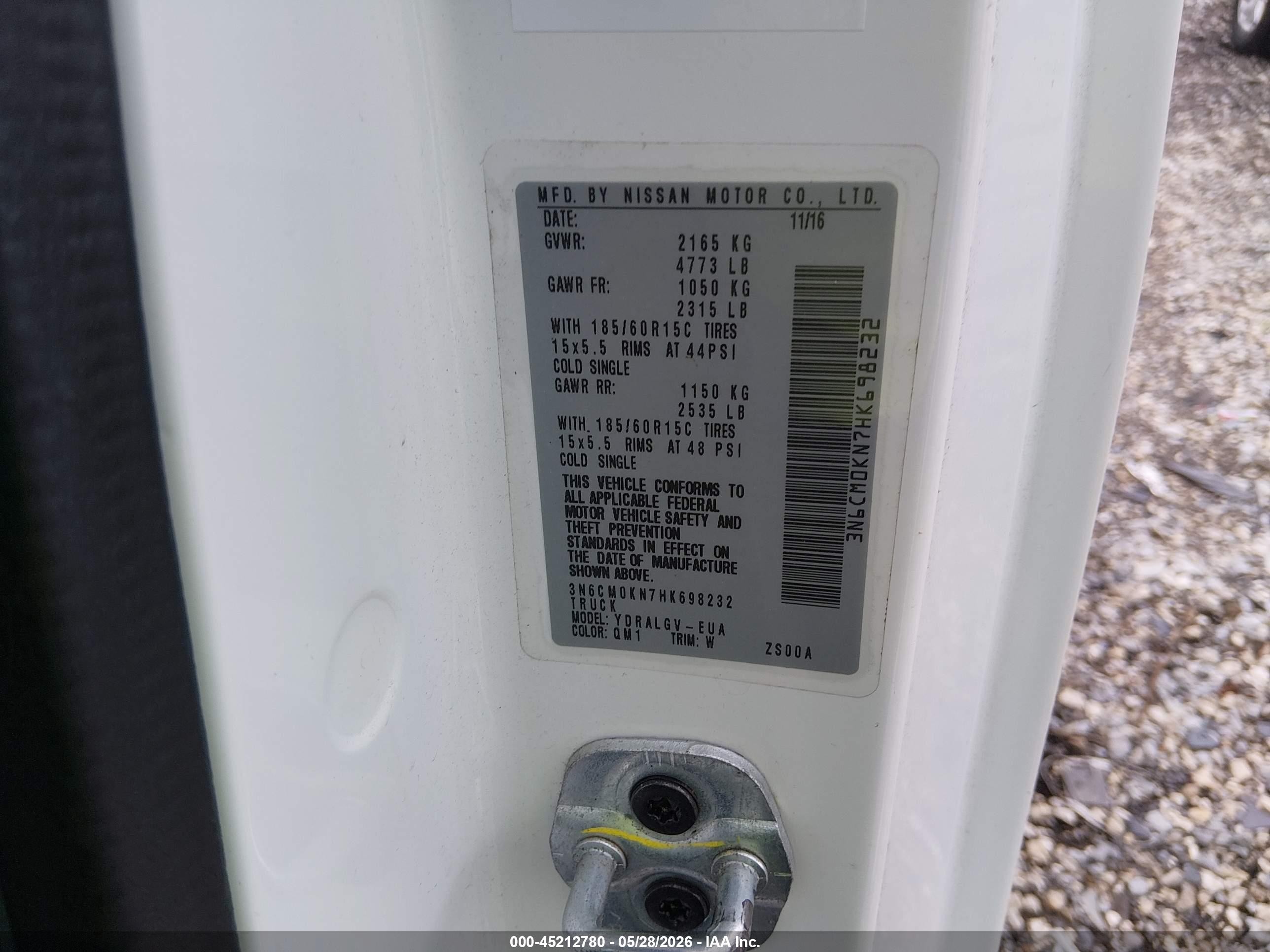 2017 Nissan Nv200 Sv White vin: 3N6CM0KN7HK698232