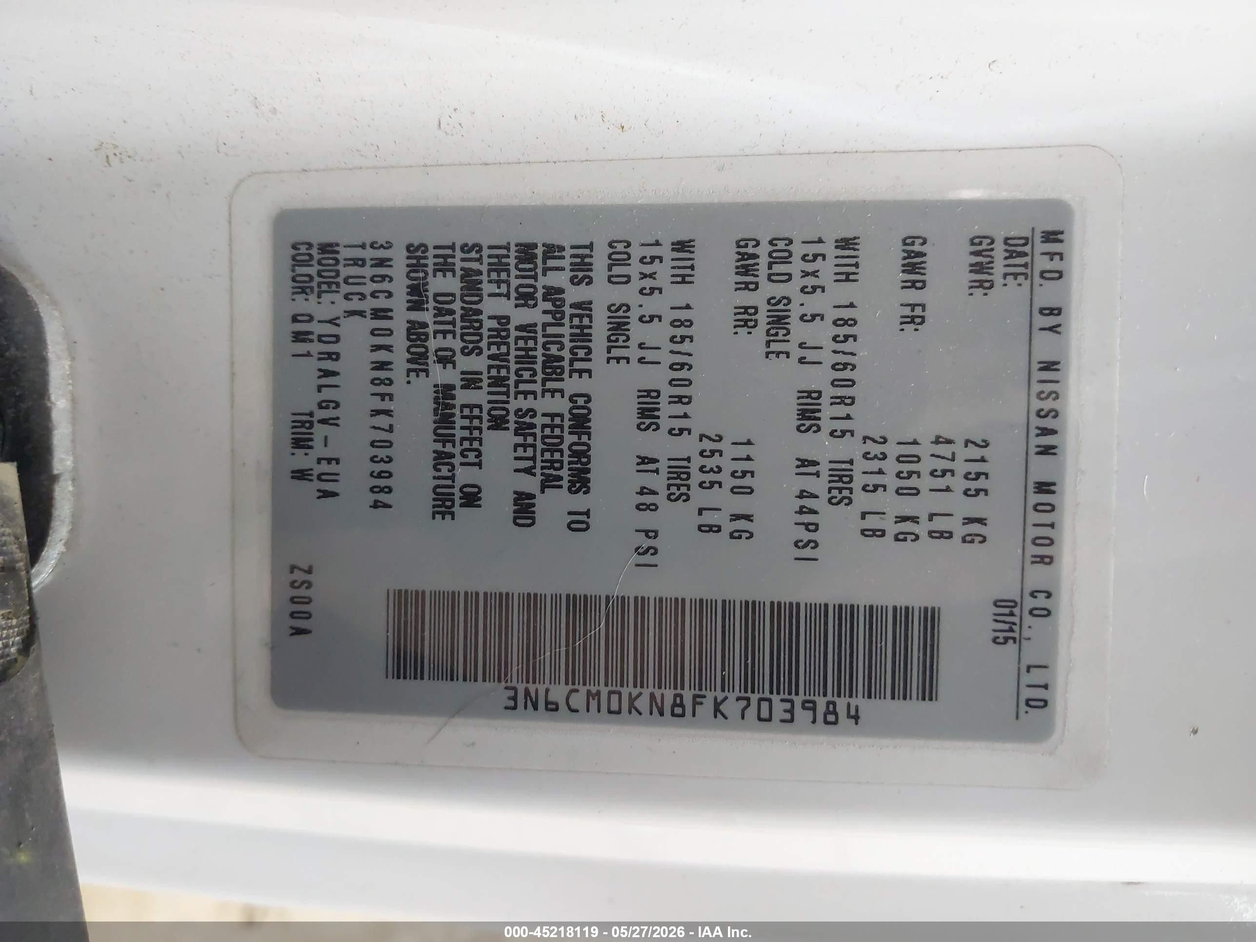 2015 Nissan Nv200 Sv White vin: 3N6CM0KN8FK703984