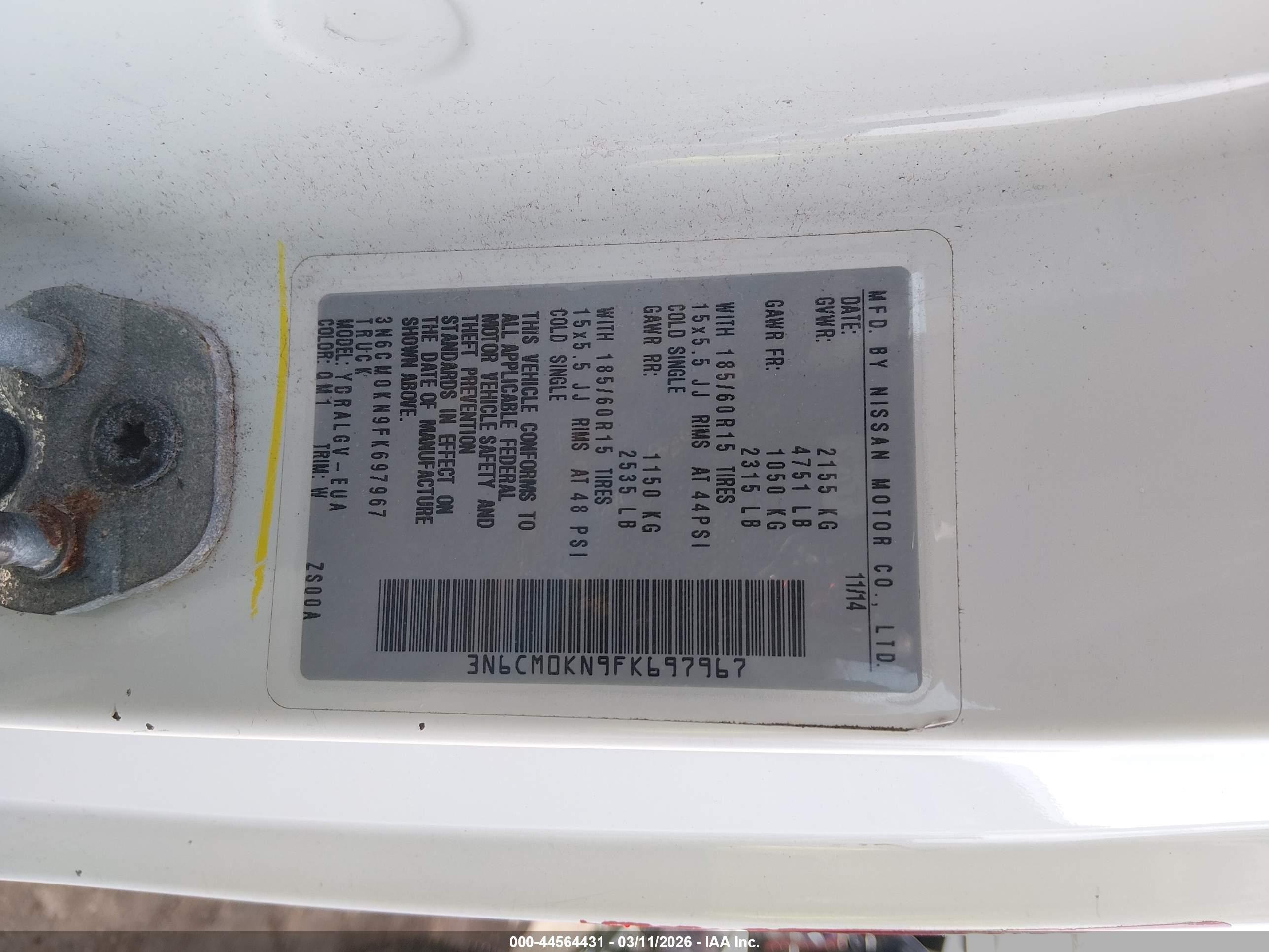 2015 Nissan Nv200 Sv White vin: 3N6CM0KN9FK697967