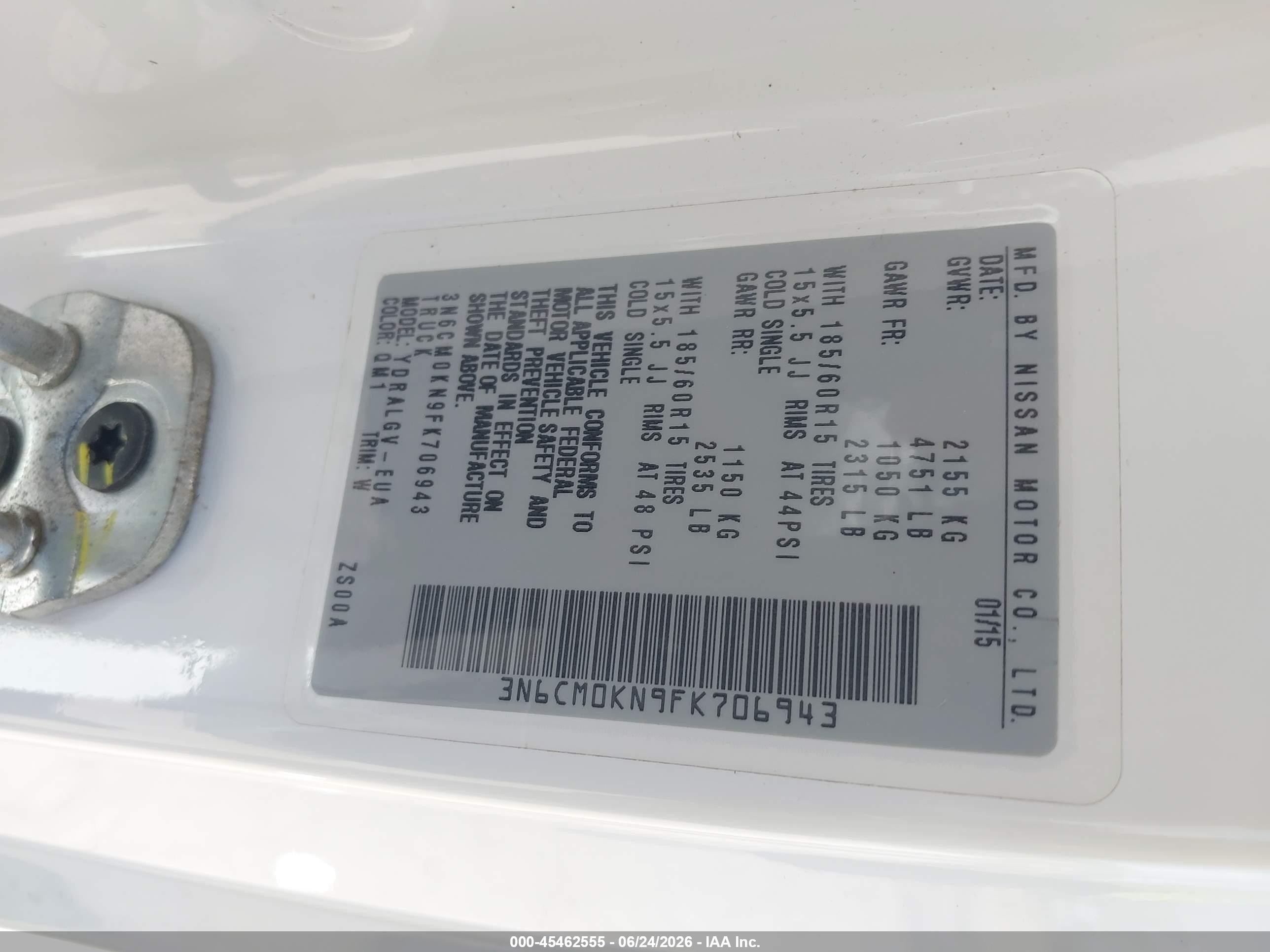 2015 Nissan Nv200 Sv White vin: 3N6CM0KN9FK706943