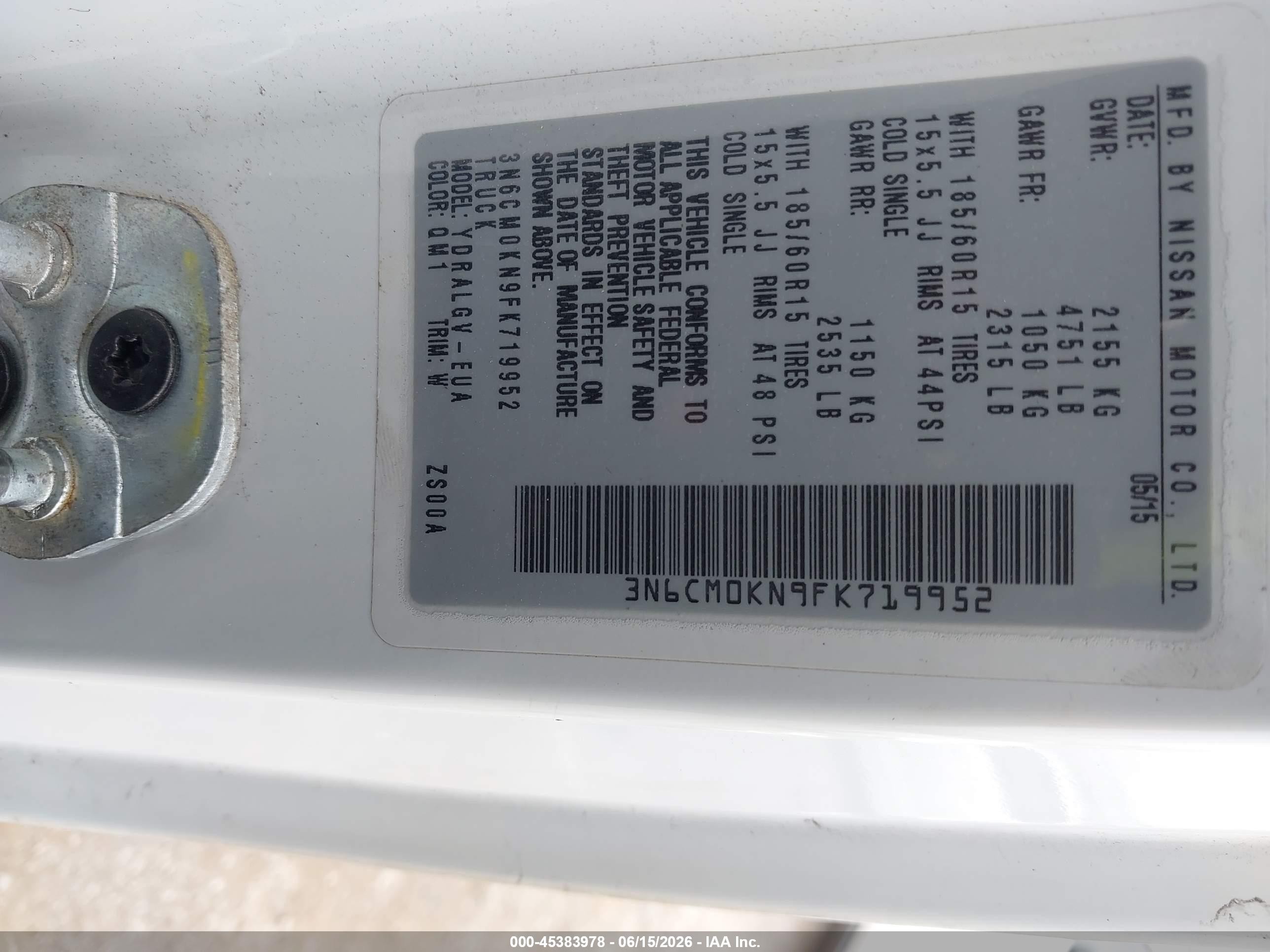 2015 Nissan Nv200 S/sv White vin: 3N6CM0KN9FK719952