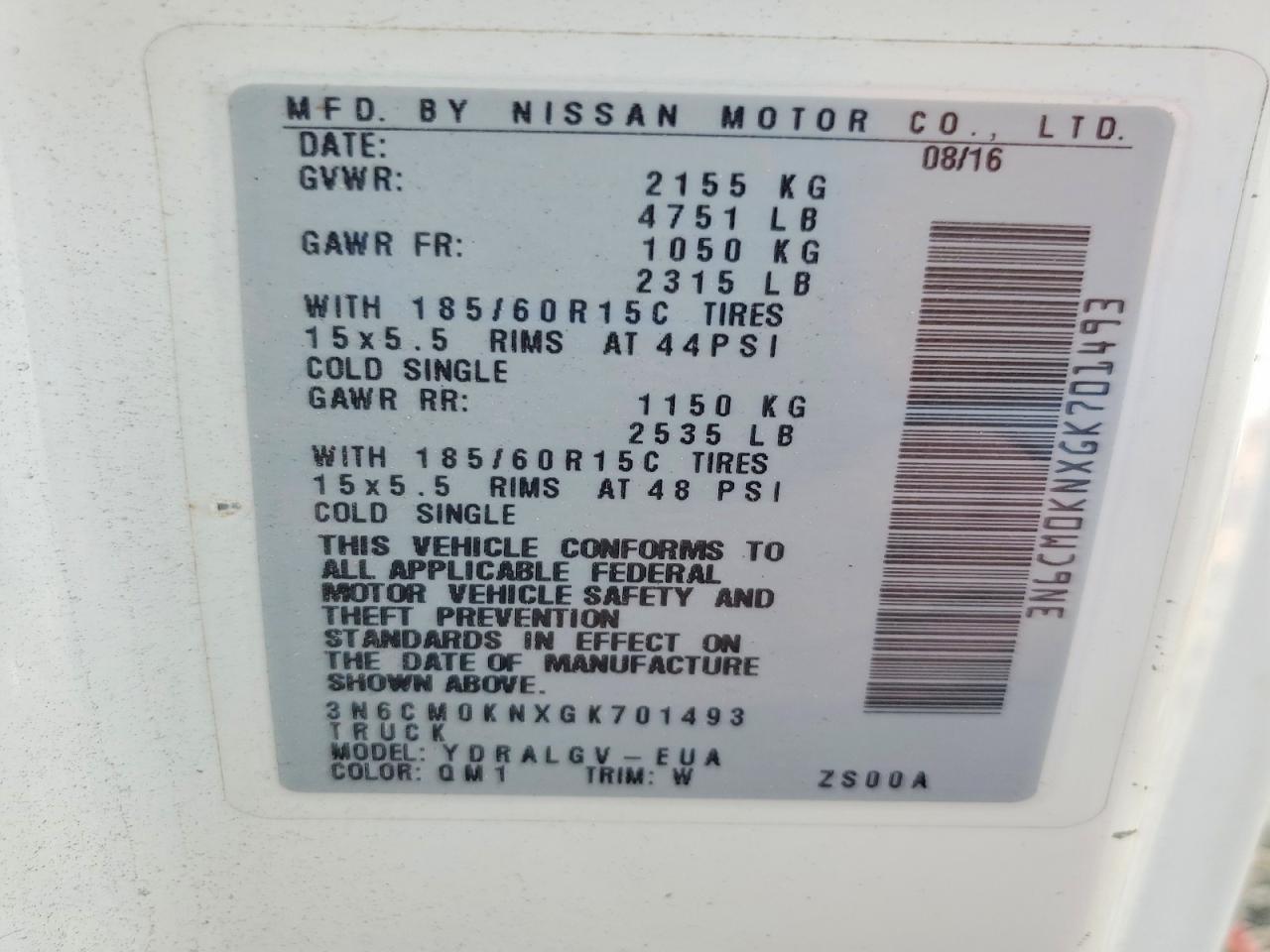2016 Nissan Nv200 Sv White vin: 3N6CM0KNXGK701493