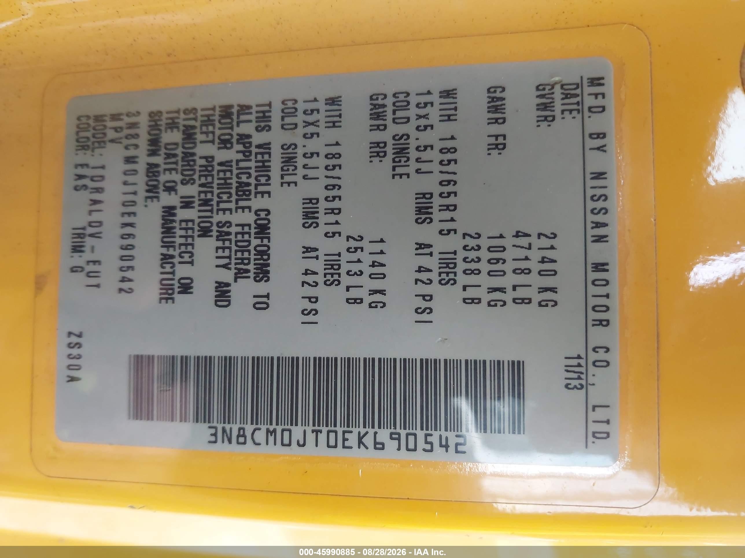 2014 Nissan Nv200 Taxi Yellow vin: 3N8CM0JT0EK690542