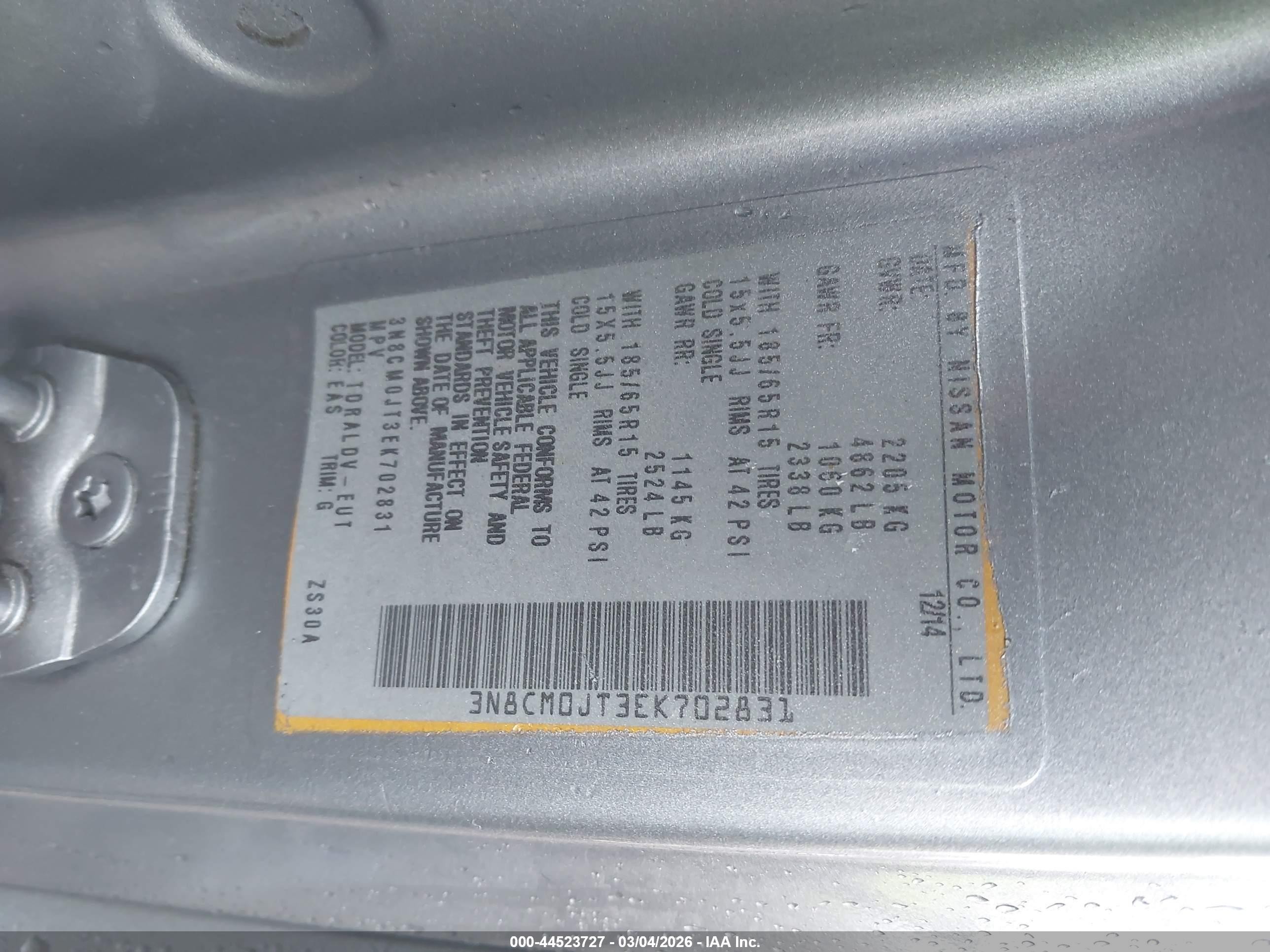 2014 Nissan Nv200 Taxi   Silver vin: 3N8CM0JT3EK702831