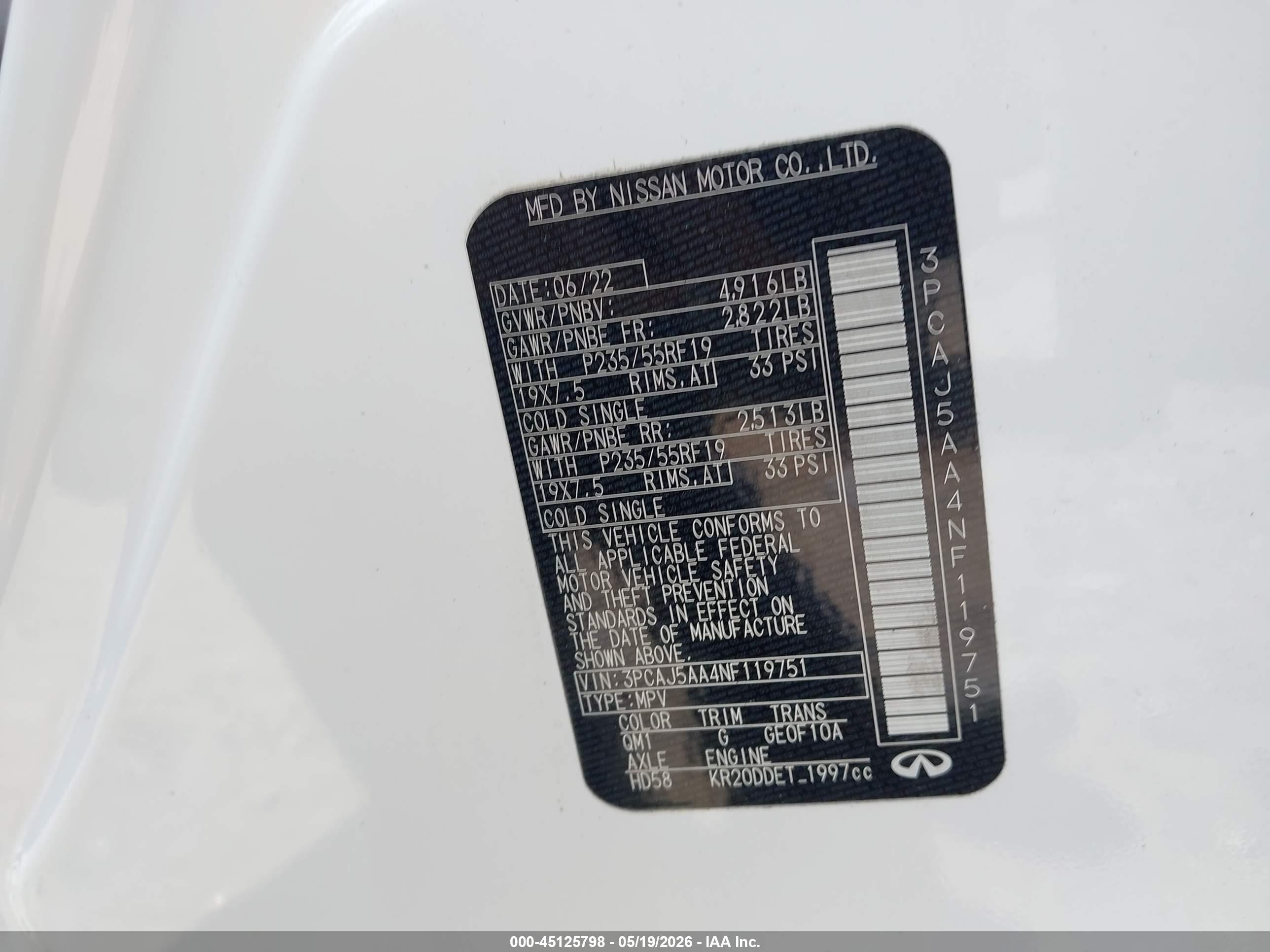 2022 Infiniti Qx50 Pure White vin: 3PCAJ5AA4NF119751