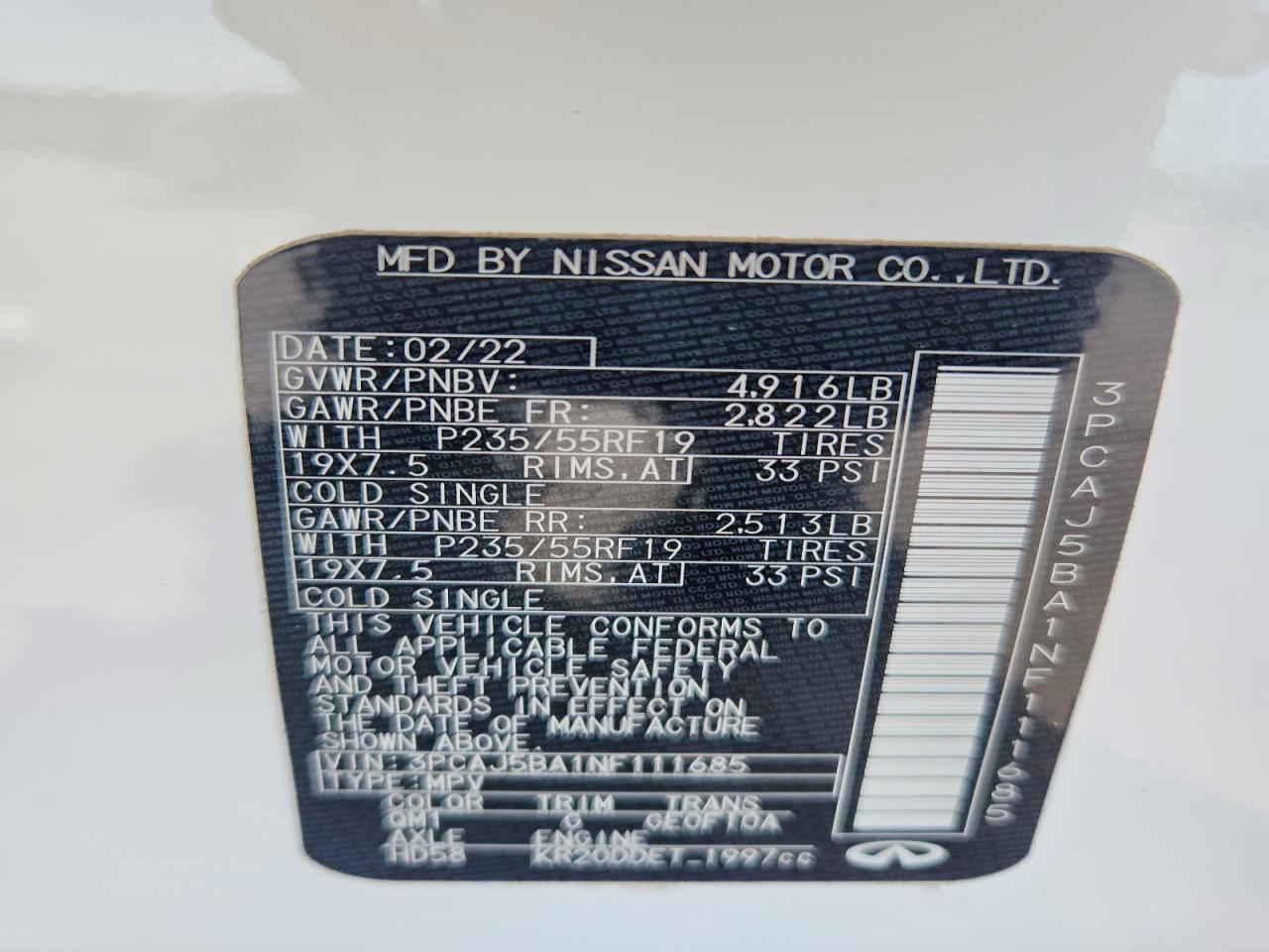 2022 Infiniti Qx50 Luxe White vin: 3PCAJ5BA1NF111685