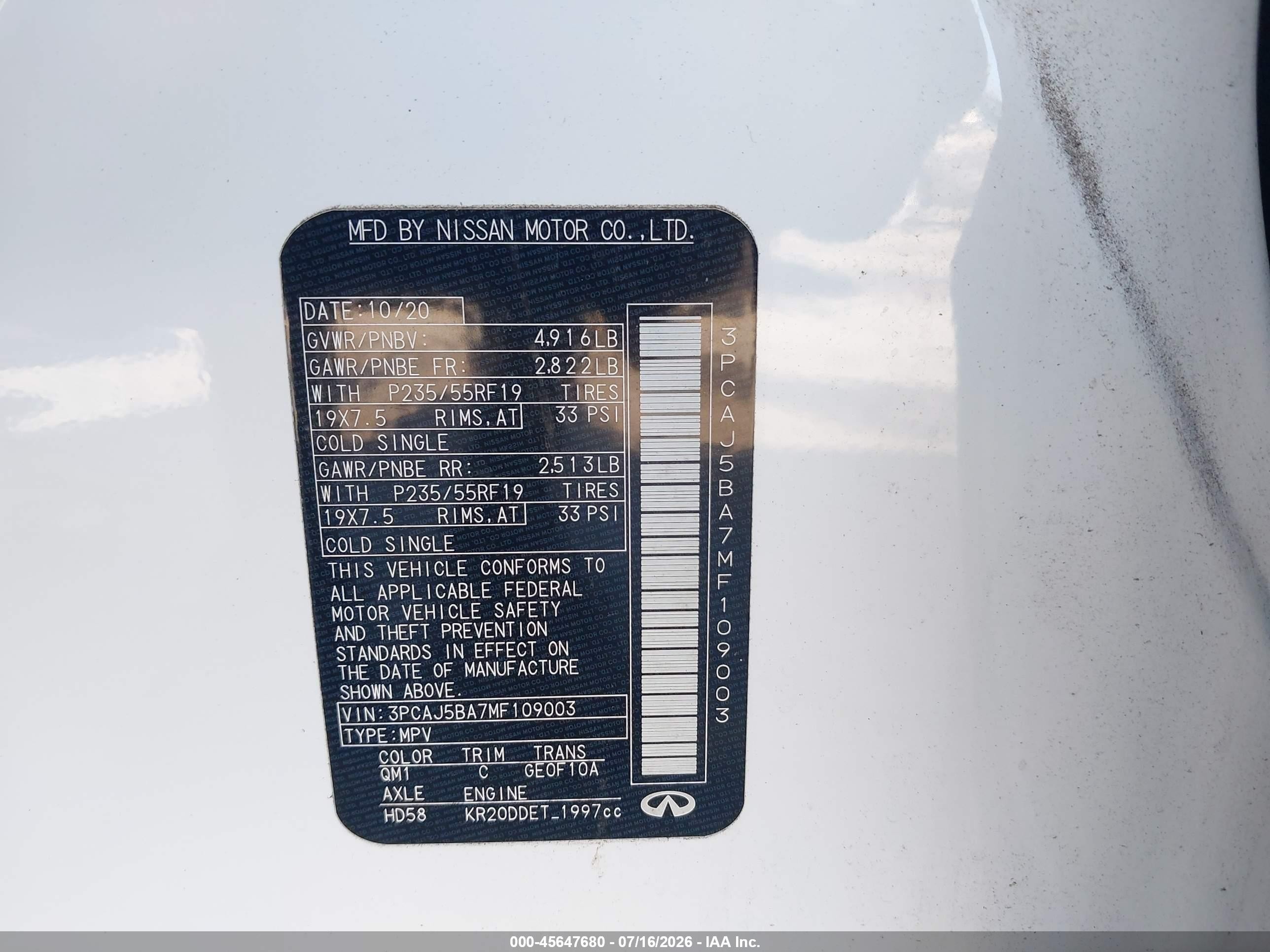2021 Infiniti Qx50 Luxe White vin: 3PCAJ5BA7MF109003