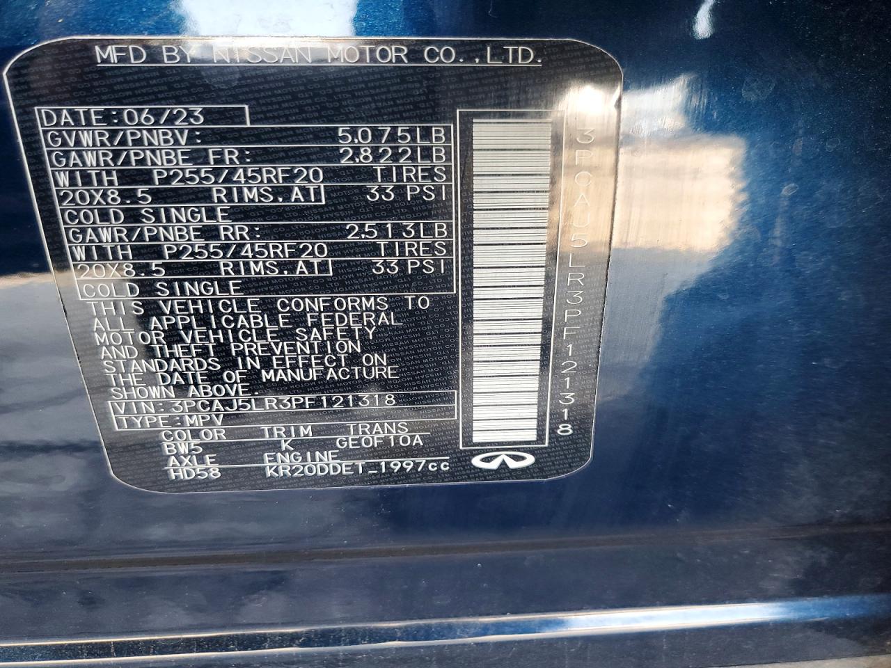 2023 Infiniti Qx55 Sensory Blue vin: 3PCAJ5LR3PF121318