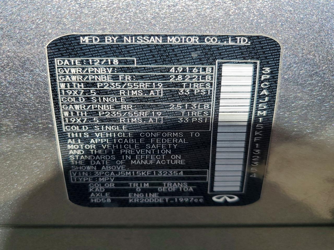 2019 Infiniti Qx50 Luxe Gray vin: 3PCAJ5M15KF132354