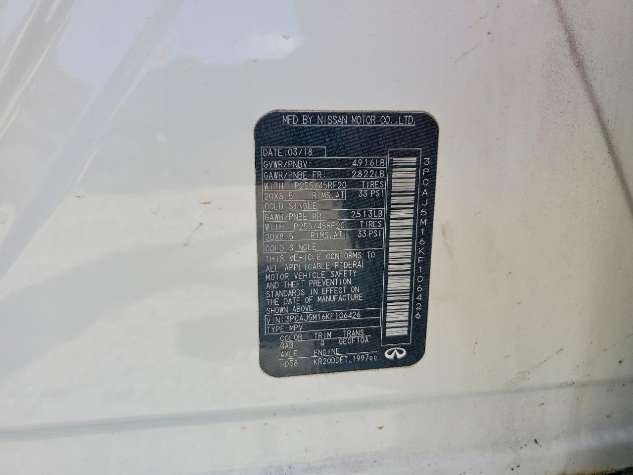 2019 Infiniti Qx50 Essential White vin: 3PCAJ5M16KF106426