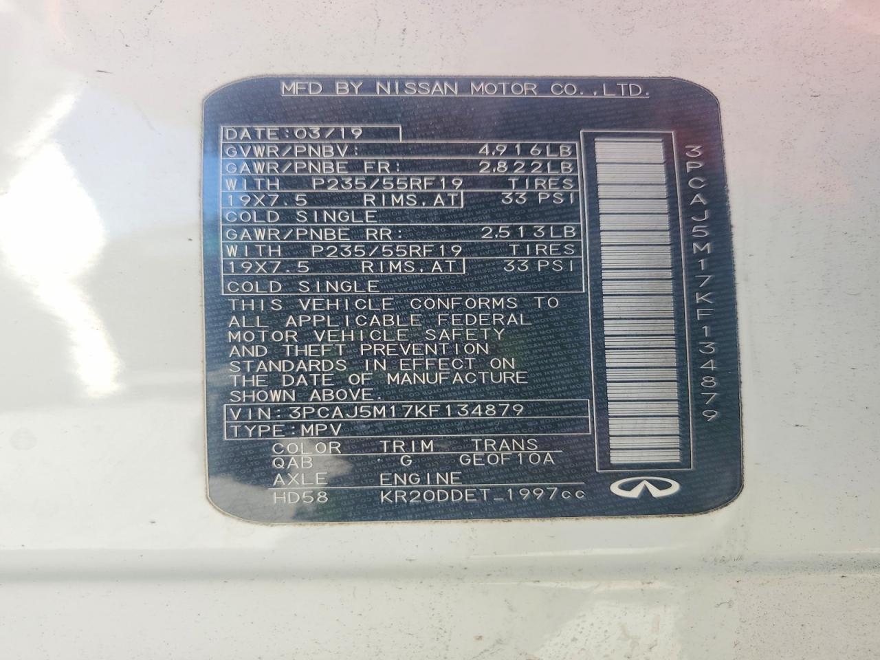2019 Infiniti Qx50 Luxe Cream vin: 3PCAJ5M17KF134879