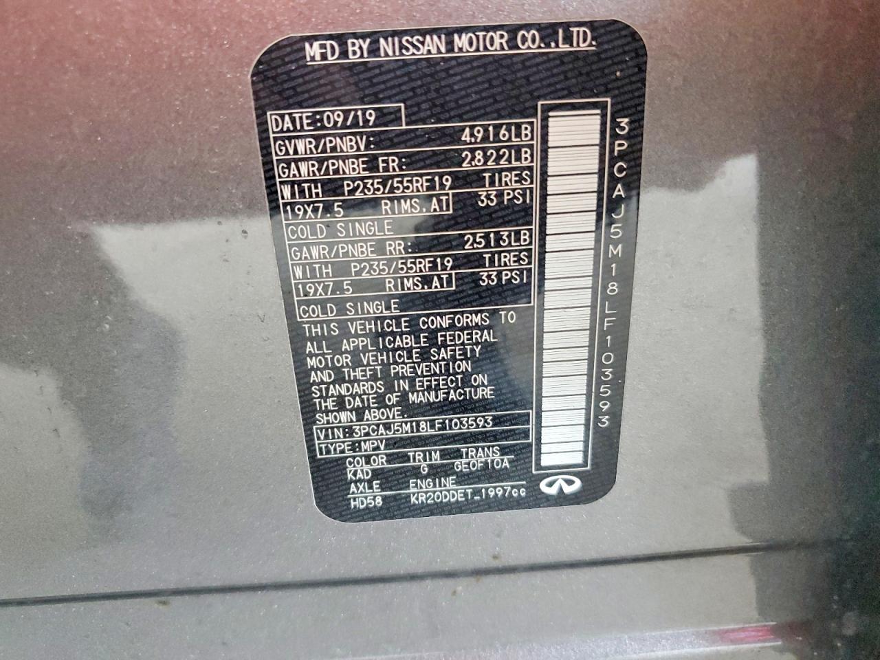 2020 Infiniti Qx50 Luxe Gray vin: 3PCAJ5M18LF103593