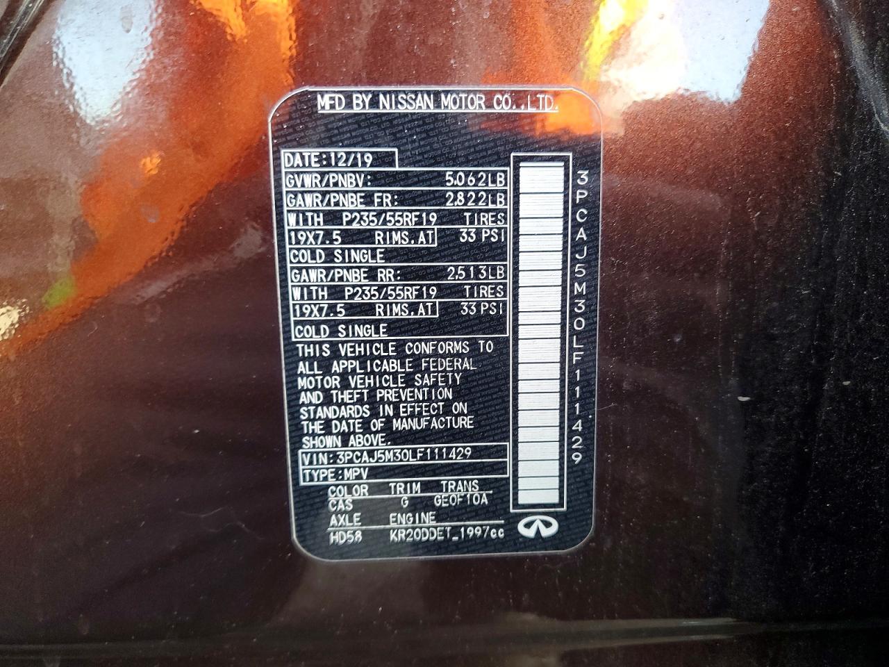 2020 Infiniti Qx50 Luxe Brown vin: 3PCAJ5M30LF111429