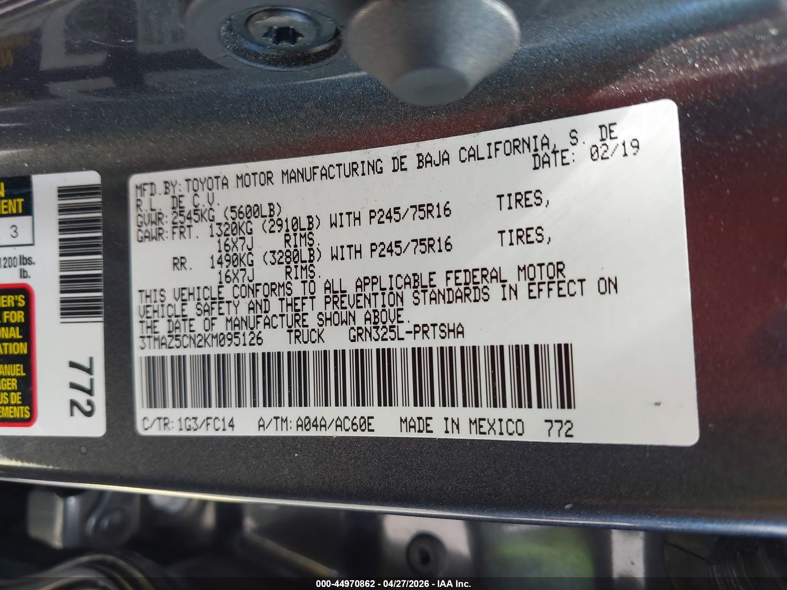 2019 Toyota Tacoma Sr5 V6 Серый vin: 3TMAZ5CN2KM095126