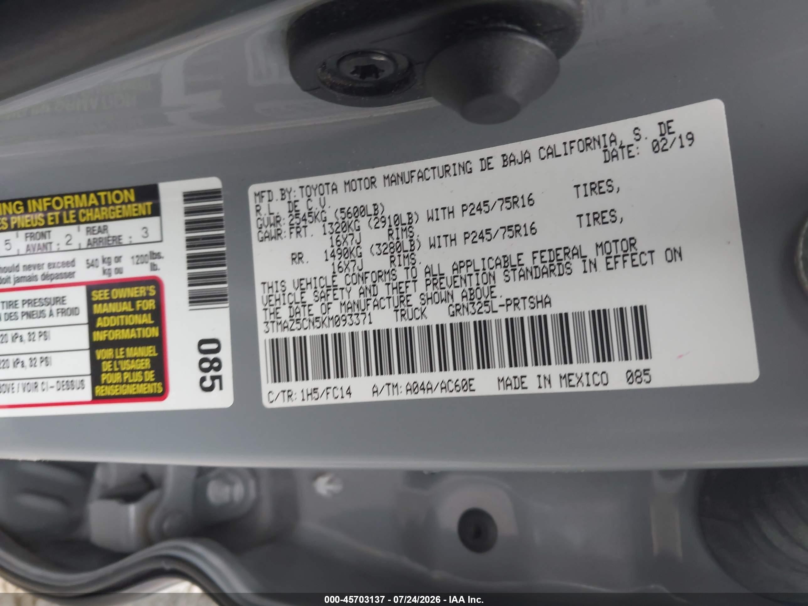 2019 Toyota Tacoma Sr5 V6 Серебряный vin: 3TMAZ5CN5KM093371