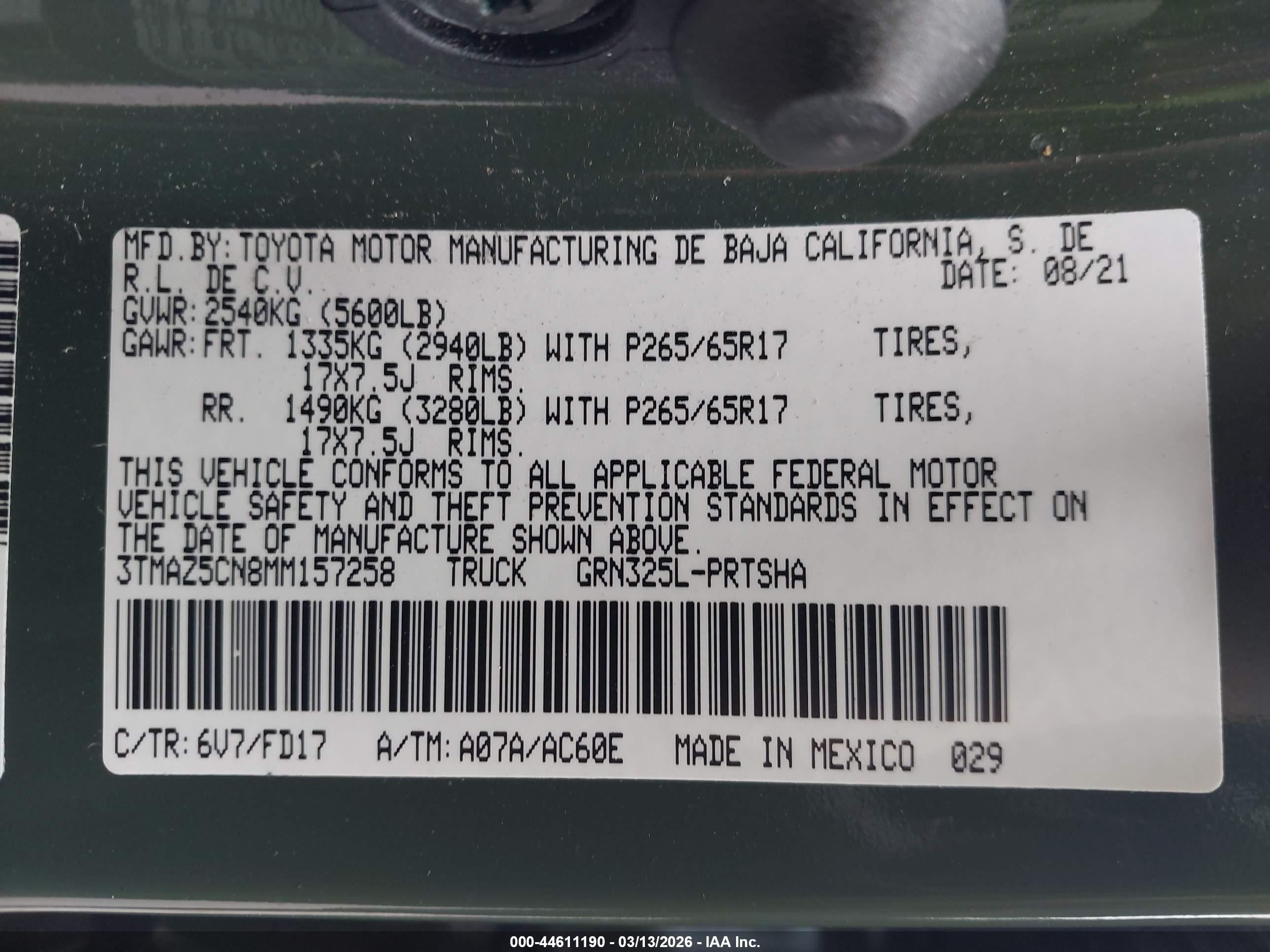 2021 Toyota Tacoma Trd Sport Зеленый vin: 3TMAZ5CN8MM157258