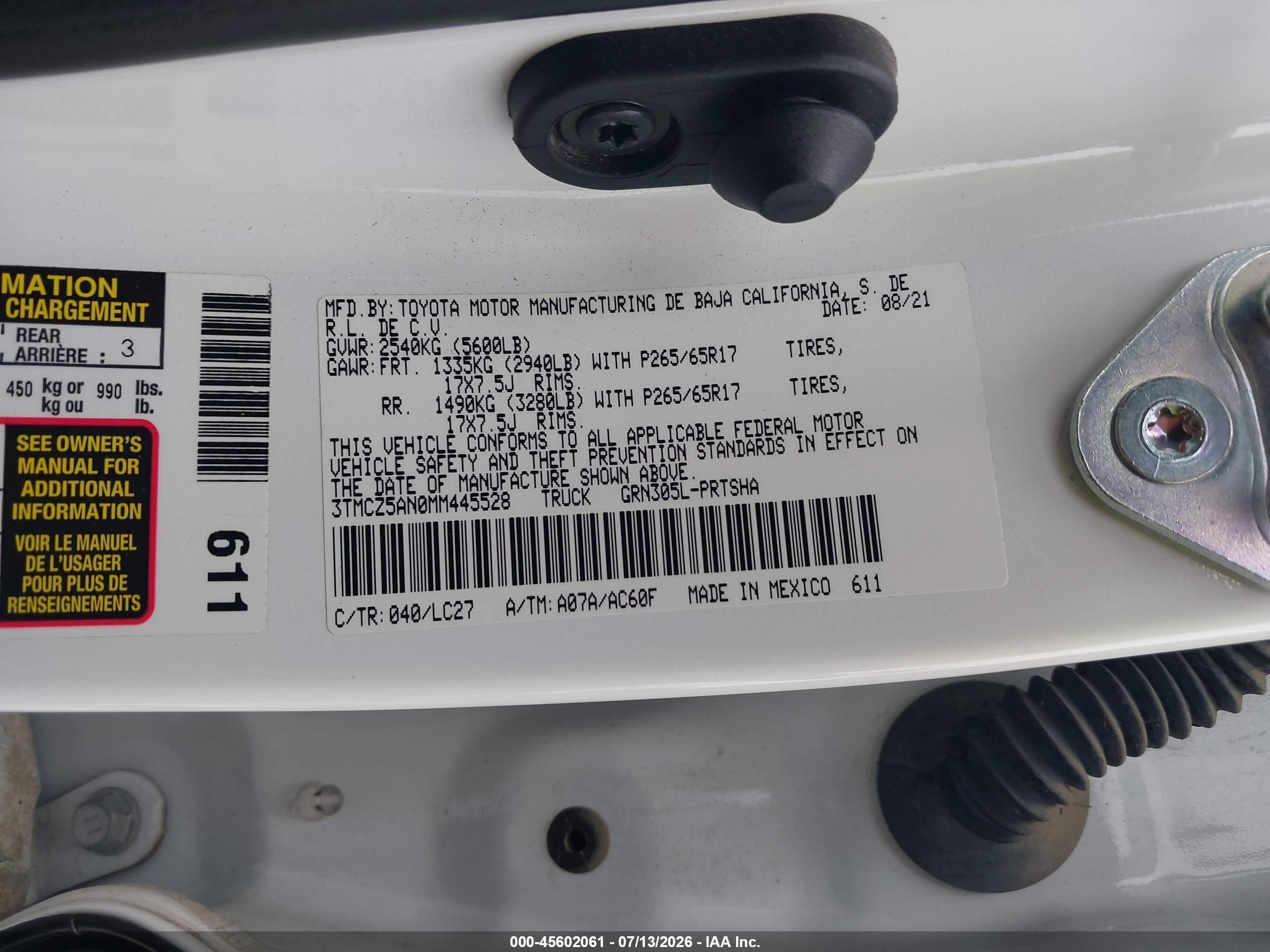 2021 Toyota Tacoma Trd Sport Белый vin: 3TMCZ5AN0MM445528