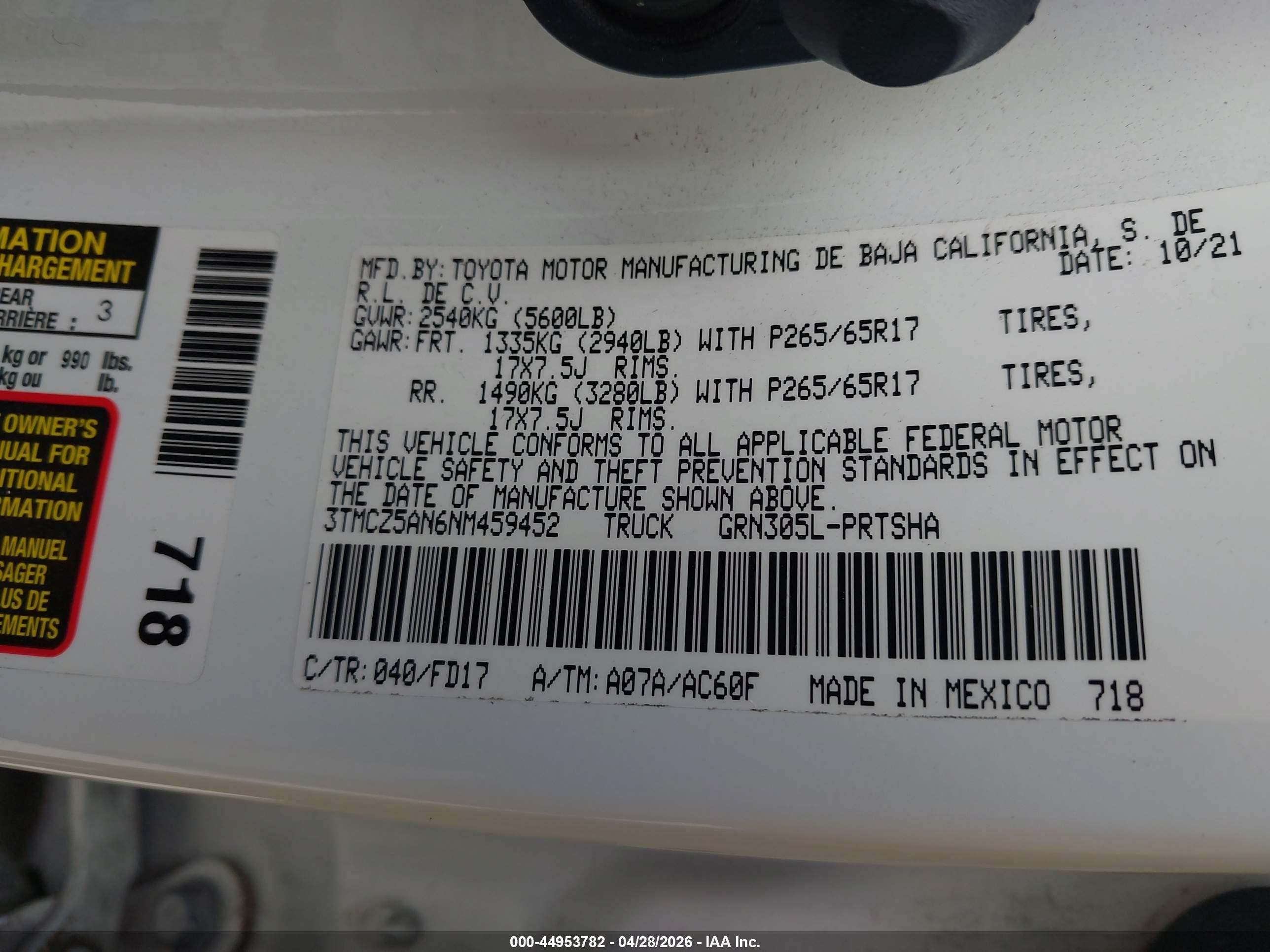 2022 Toyota Tacoma Trd Sport White vin: 3TMCZ5AN6NM459452