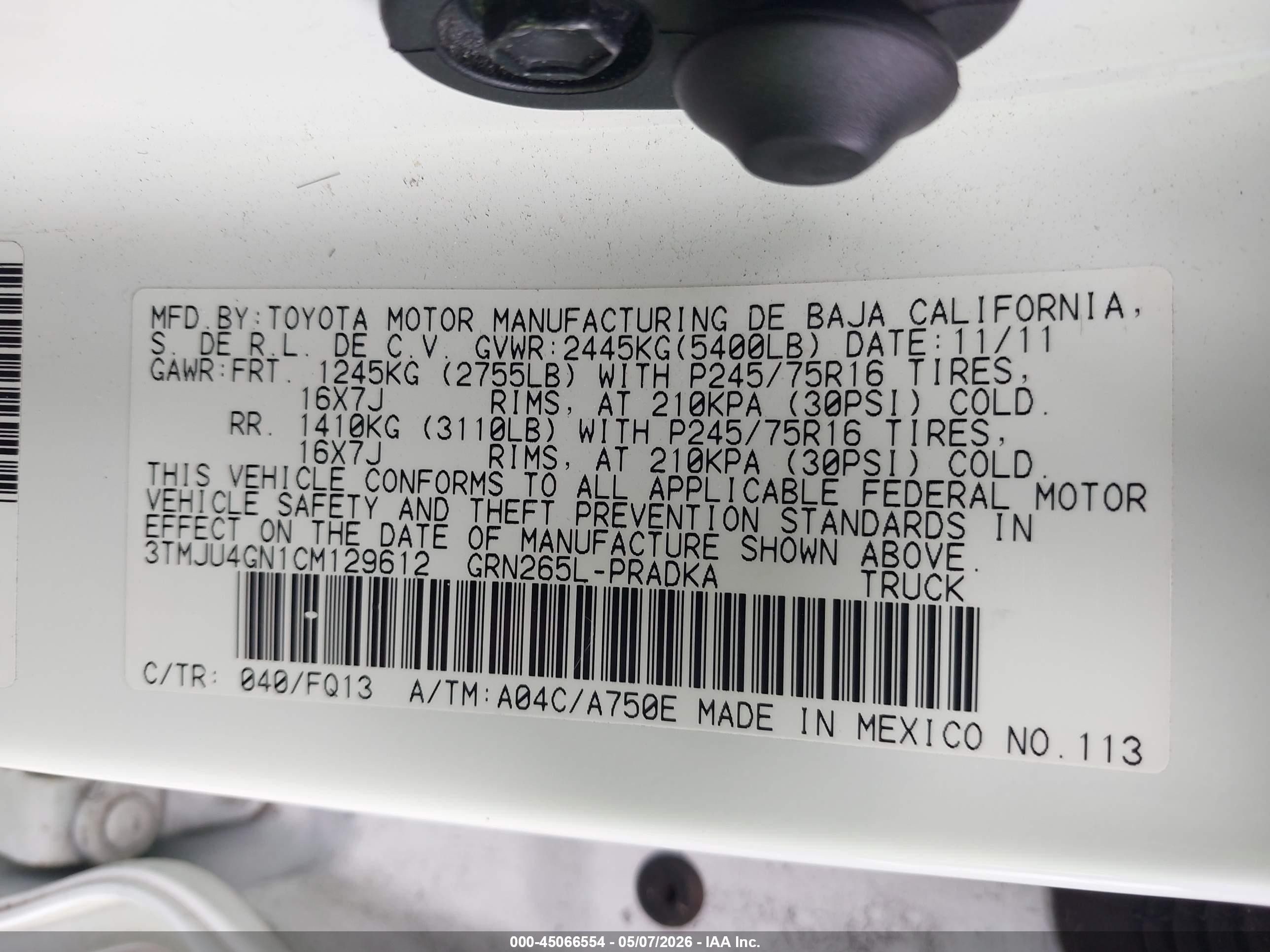 2012 Toyota Tacoma Prerunner V6 White vin: 3TMJU4GN1CM129612