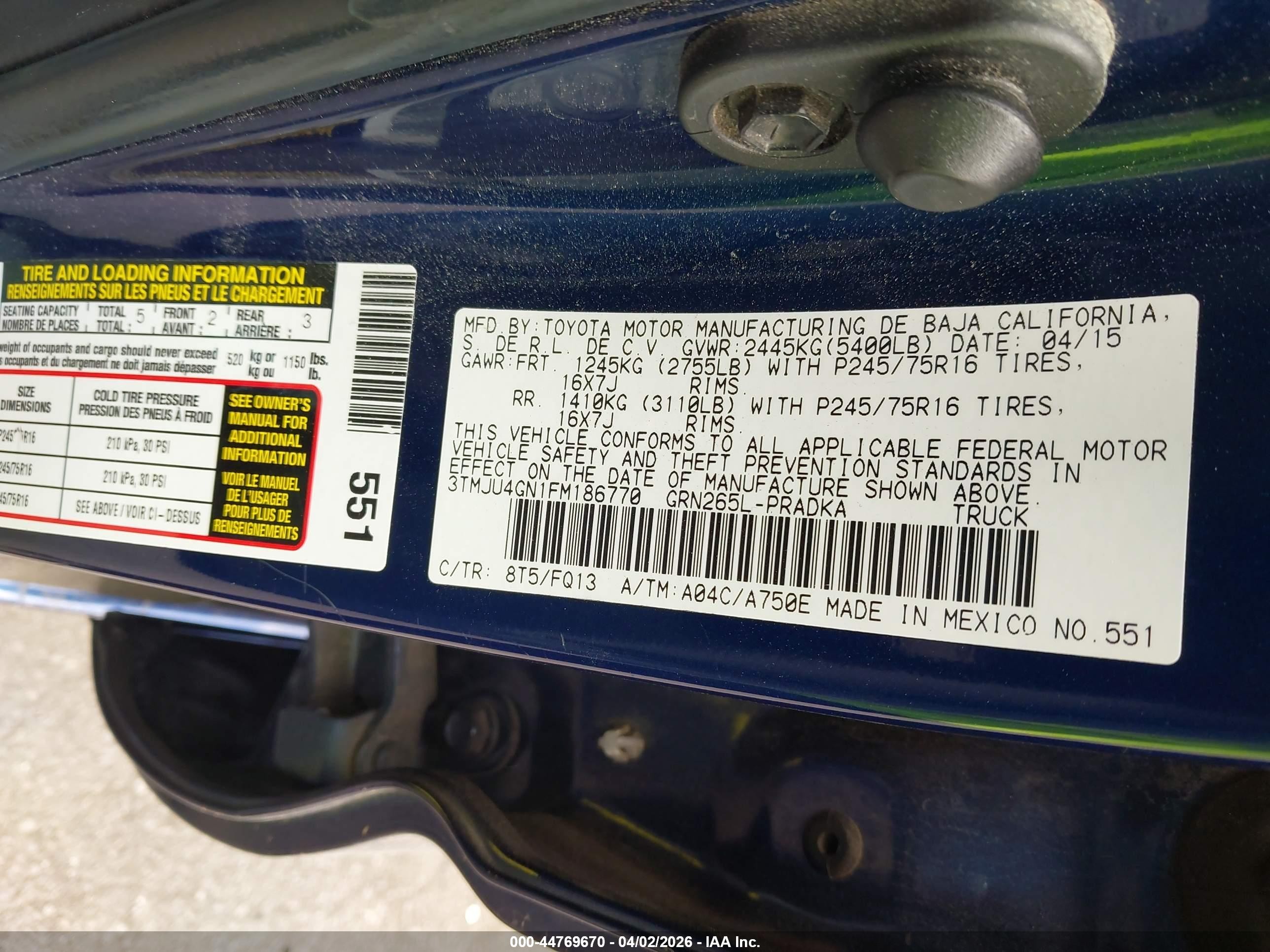 2015 Toyota Tacoma Prerunner V6 Dark Blue vin: 3TMJU4GN1FM186770