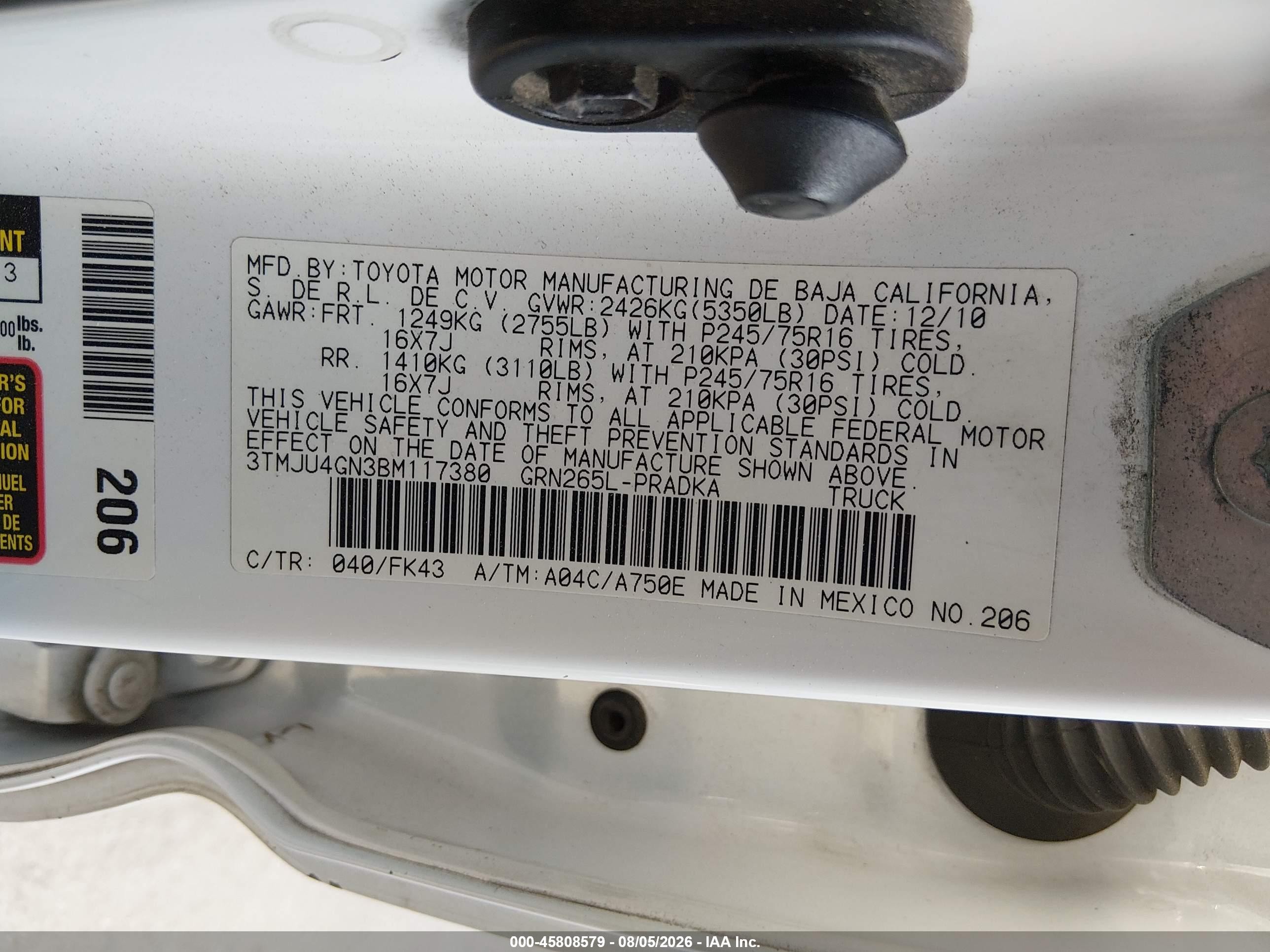 2011 Toyota Tacoma Prerunner V6 White vin: 3TMJU4GN3BM117380