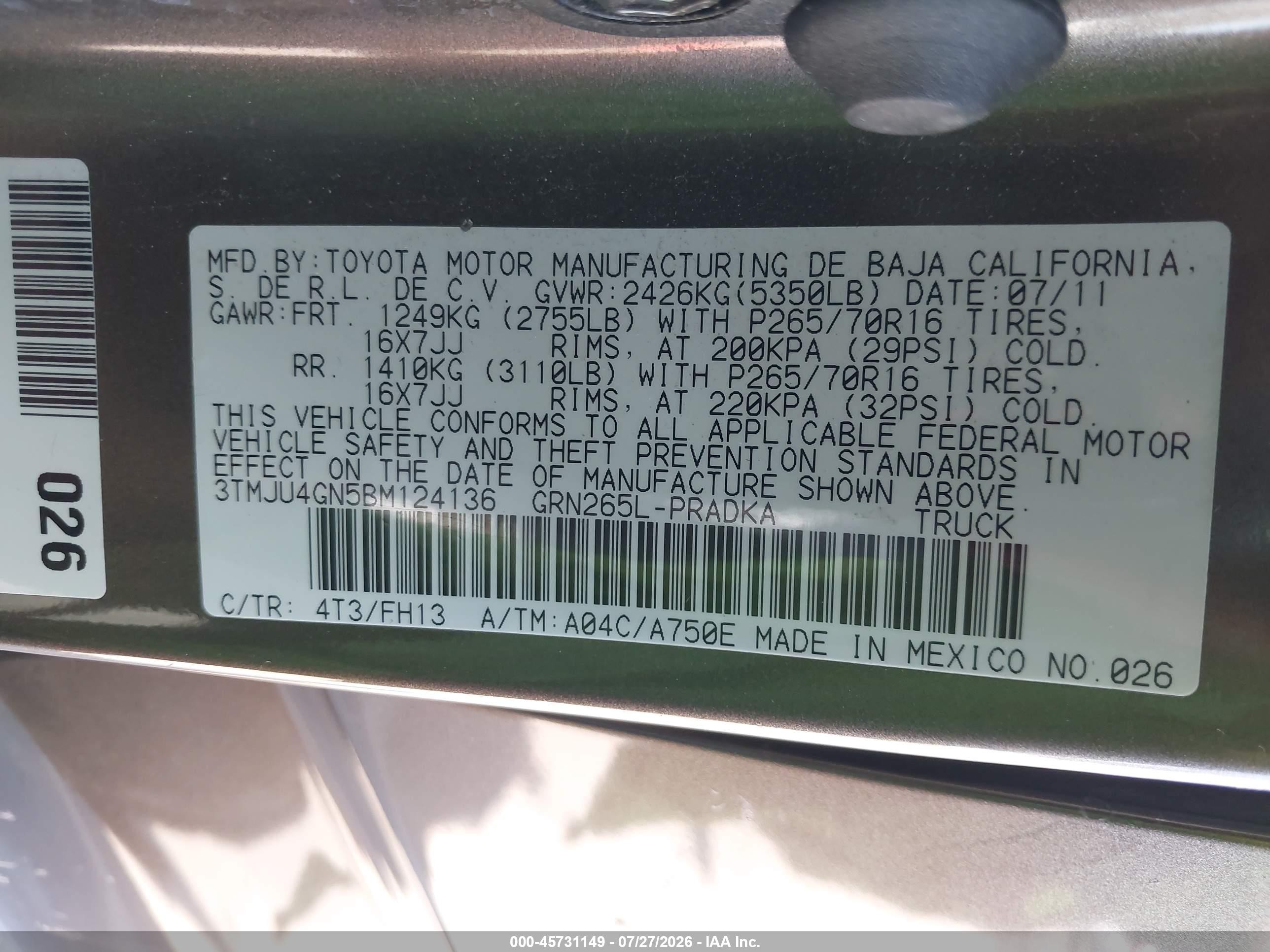 2011 Toyota Tacoma Prerunner V6 Gray vin: 3TMJU4GN5BM124136