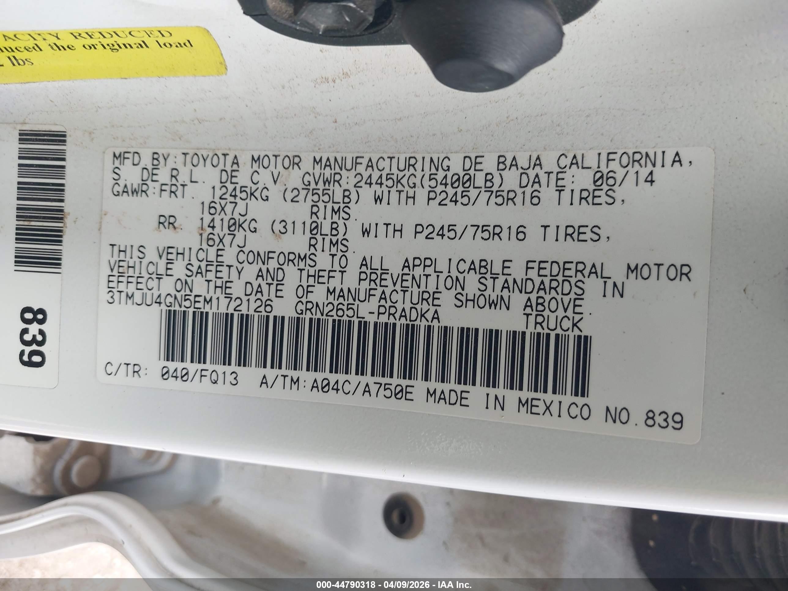 2014 Toyota Tacoma Prerunner V6 Белый vin: 3TMJU4GN5EM172126