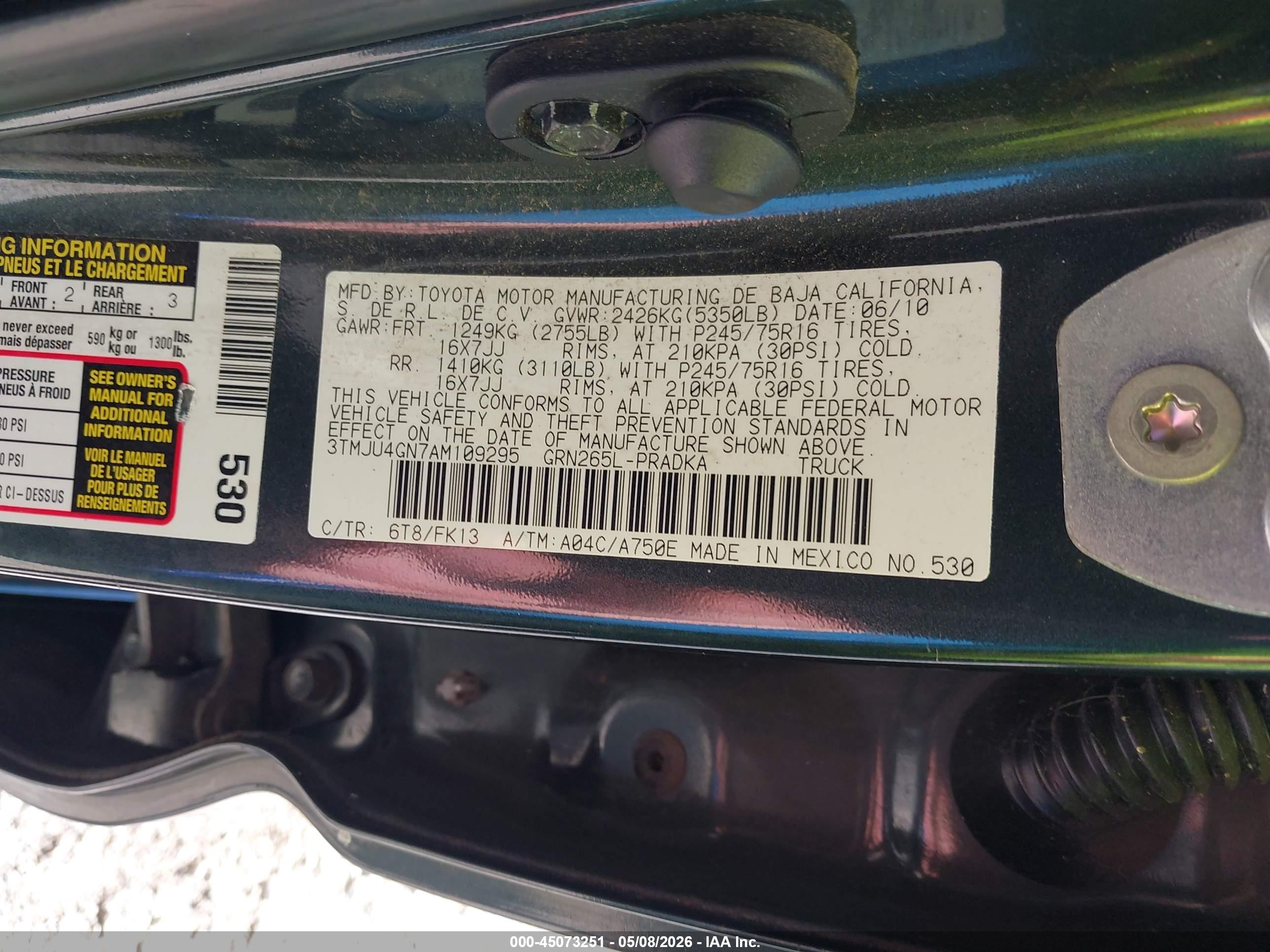 2010 Toyota Tacoma Prerunner V6 Green vin: 3TMJU4GN7AM109295