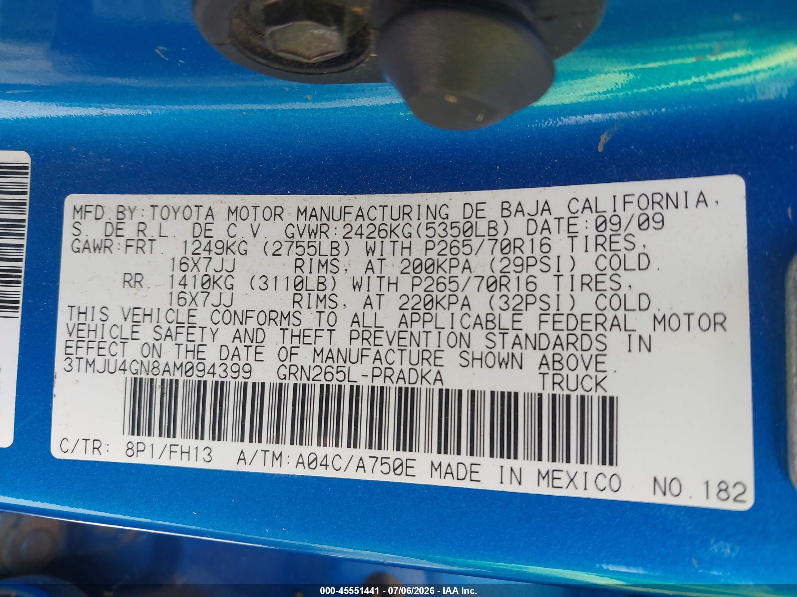 2010 Toyota Tacoma Prerunner V6 Blue vin: 3TMJU4GN8AM094399