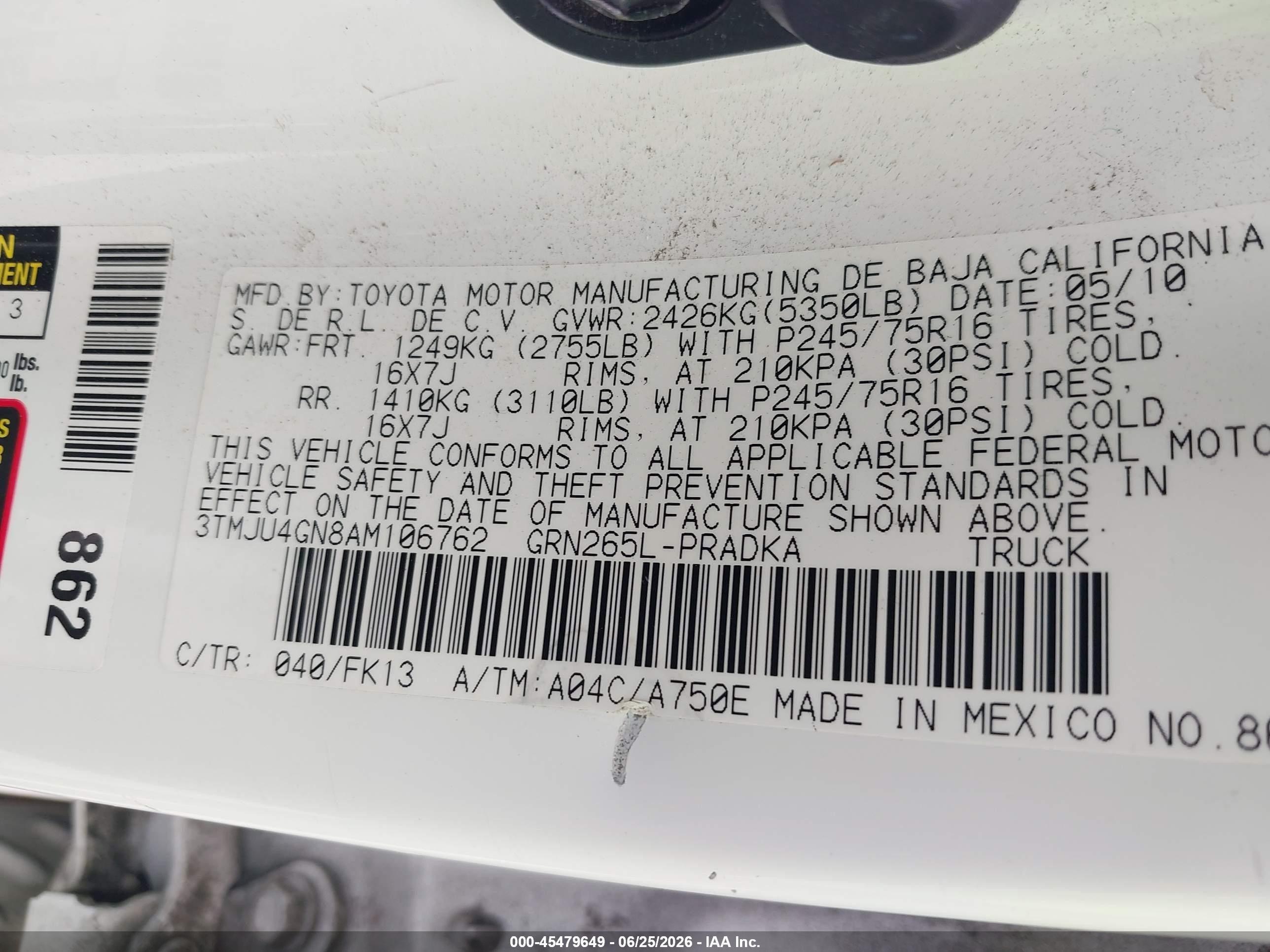 2010 Toyota Tacoma Prerunner V6 White vin: 3TMJU4GN8AM106762
