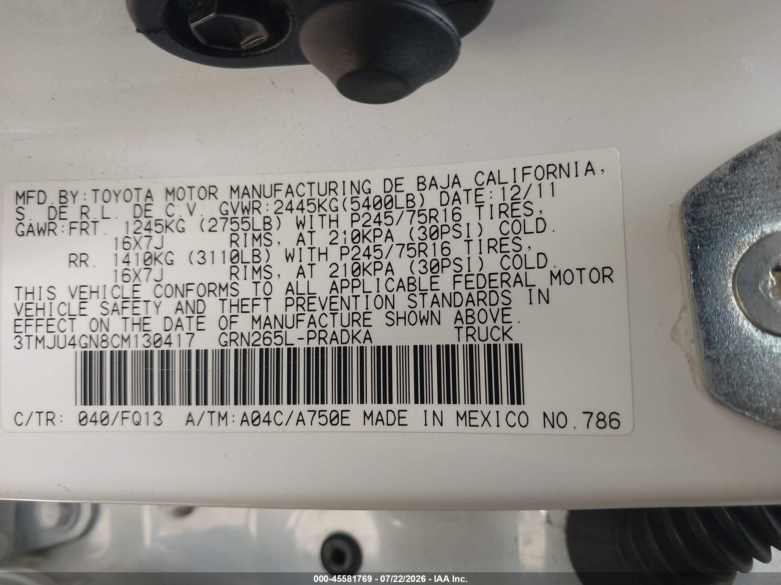 2012 Toyota Tacoma Prerunner V6 White vin: 3TMJU4GN8CM130417
