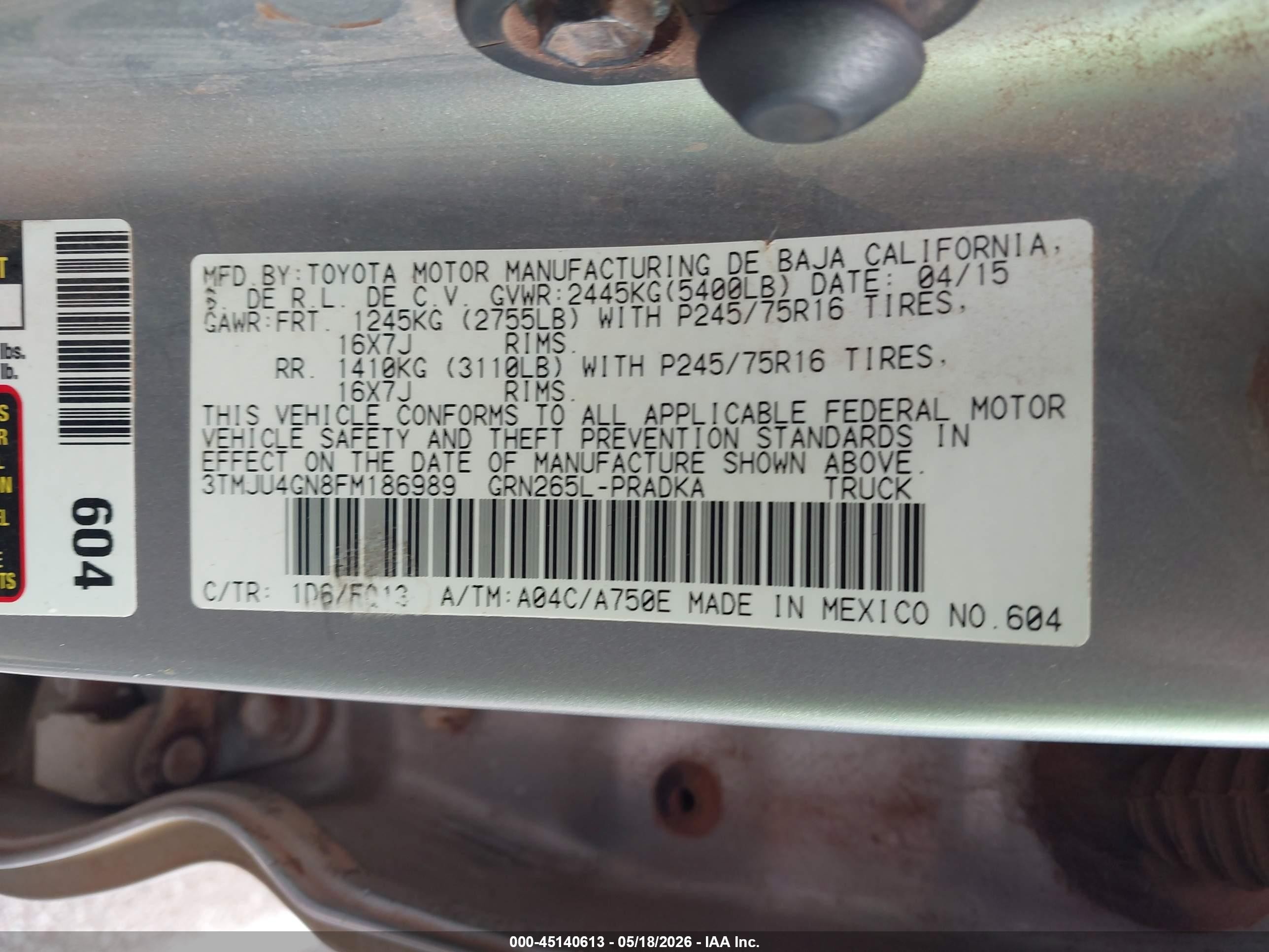 2015 Toyota Tacoma Prerunner V6 Gray vin: 3TMJU4GN8FM186989