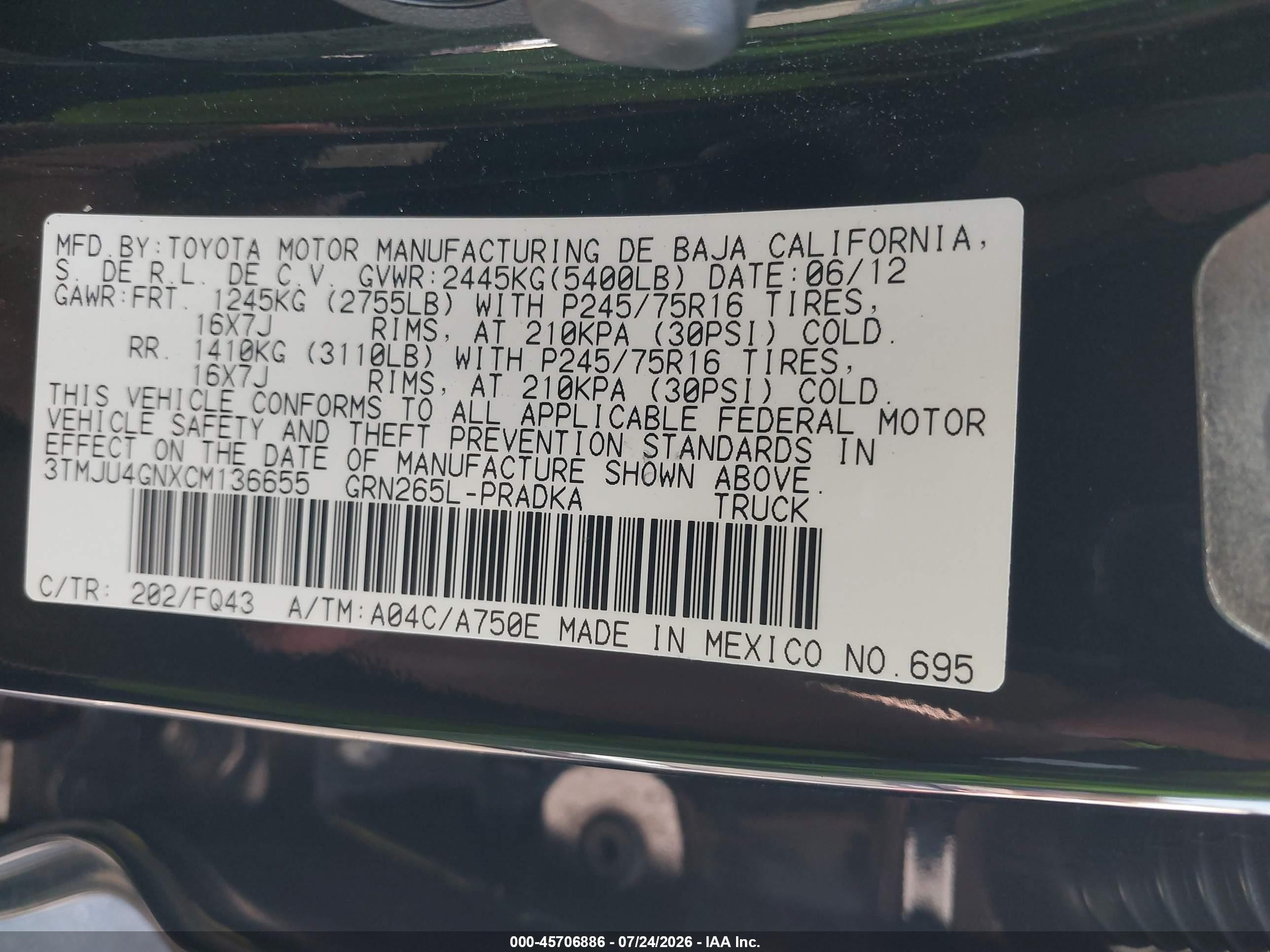 2012 Toyota Tacoma Prerunner V6 Black vin: 3TMJU4GNXCM136655